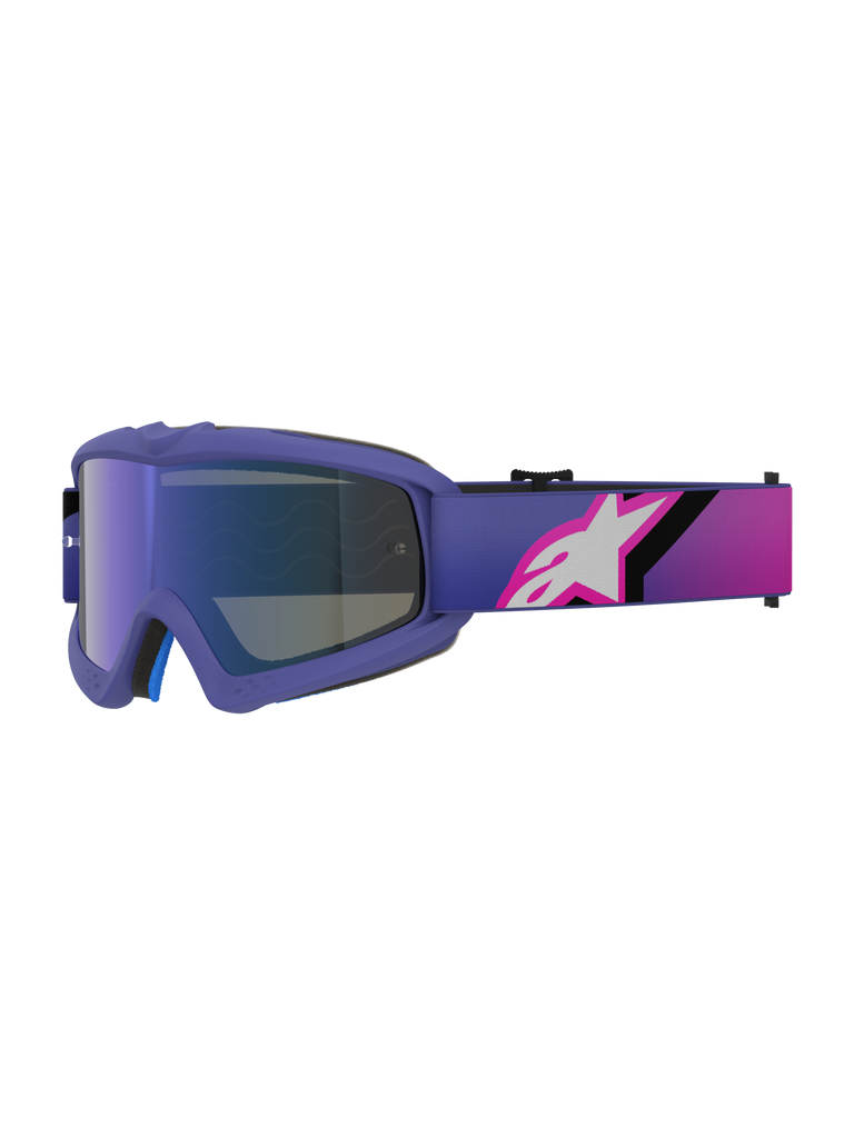 Alpinestars Vision Youth Corp Goggles, gogle motocrossowe, fioletowe i jaskraworóżowe z niebieską lustrzaną szybką, pasek z gradientem i białym logo Alpinestars, zaprojektowane dla młodych motocyklistów off-road