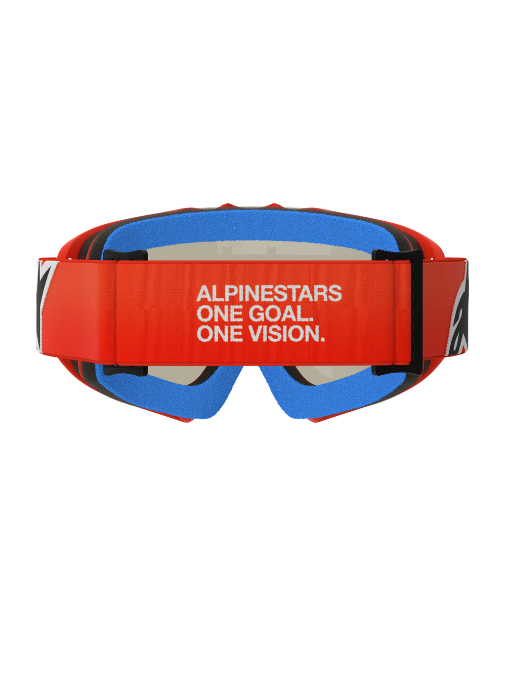 Gogle Alpinestars Vision Youth Corp, młodzieżowe gogle motocrossowe, pomarańczowe i czerwone z niebieską pianką, widok z tyłu z szerokim czerwonym paskiem i białym napisem „ALPINESTARS ONE GOAL. ONE VISION.”, wielowarstwowa pianka zapewniająca komfortowe dopasowanie