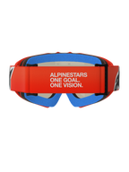 Gogle Alpinestars Vision Youth Corp, młodzieżowe gogle motocrossowe, pomarańczowe i czerwone z niebieską pianką, widok z tyłu z szerokim czerwonym paskiem i białym napisem „ALPINESTARS ONE GOAL. ONE VISION.”, wielowarstwowa pianka zapewniająca komfortowe dopasowanie