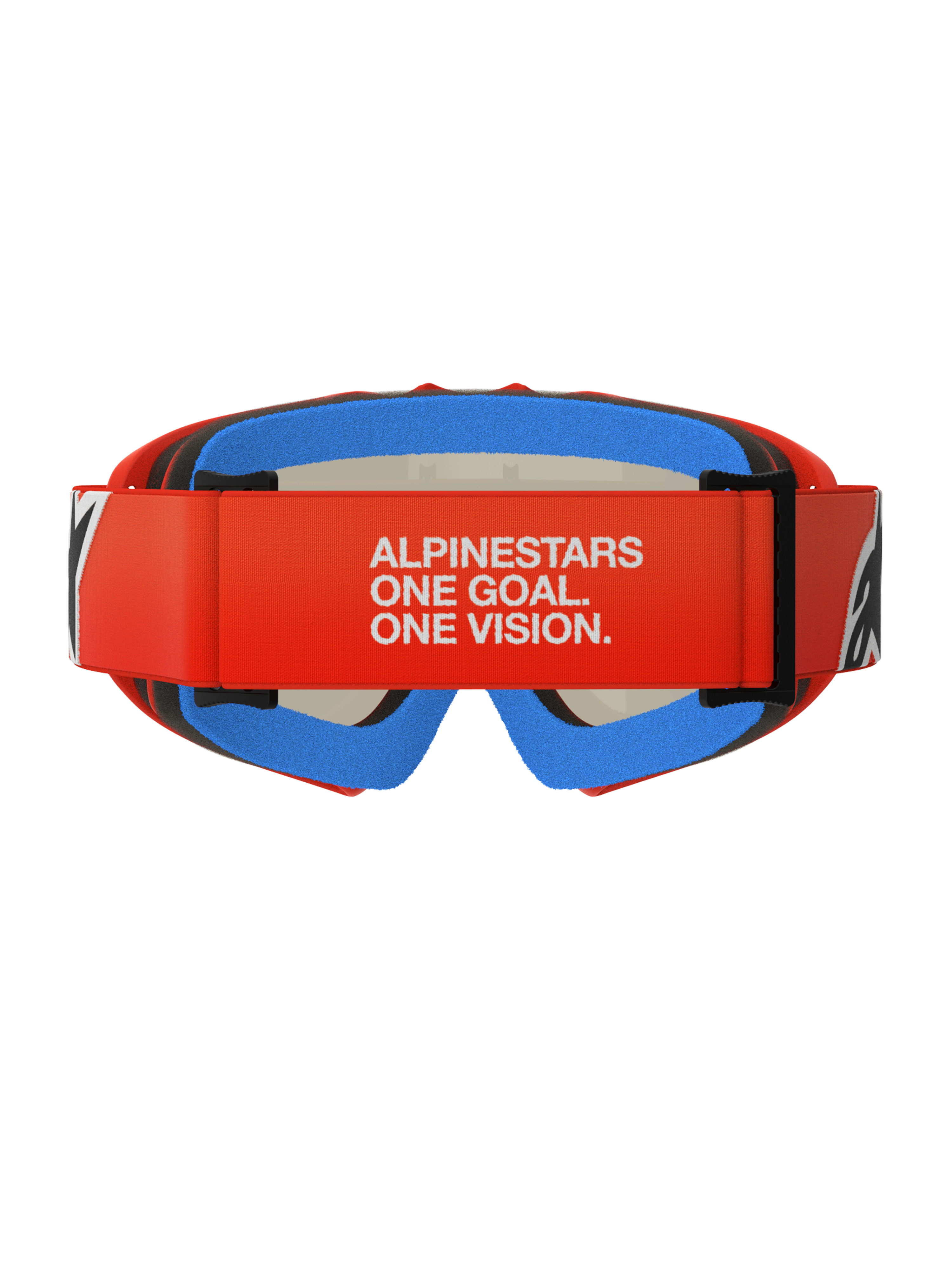 Gogle Alpinestars Vision Youth Corp, młodzieżowe gogle motocrossowe, pomarańczowe i czerwone z niebieską pianką, widok z tyłu z szerokim czerwonym paskiem i białym napisem „ALPINESTARS ONE GOAL. ONE VISION.”, wielowarstwowa pianka zapewniająca komfortowe dopasowanie