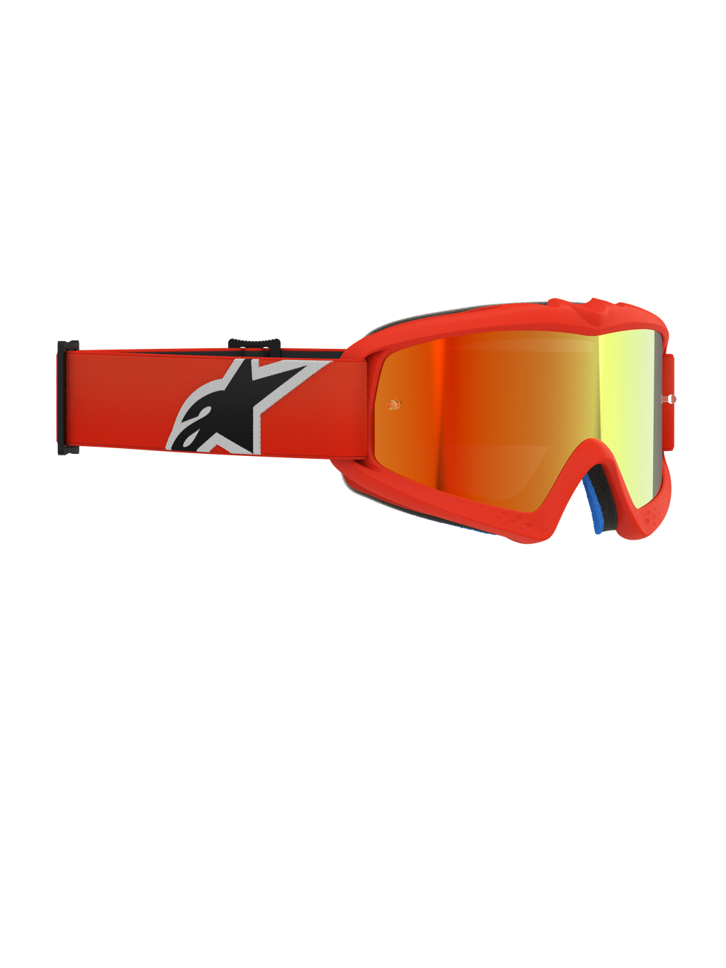 Alpinestars Vision Youth Corp Goggles, gogle motocrossowe, pomarańczowa oprawka z czerwoną lustrzaną soczewką, pomarańczowy tkany pasek z czarno-białym logo, zaprojektowane dla młodych motocyklistów, soczewka przeciwmgielna i uretanowa ramka