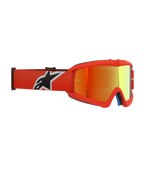 Alpinestars Vision Youth Corp Goggles, gogle motocrossowe, pomarańczowa oprawka z czerwoną lustrzaną soczewką, pomarańczowy tkany pasek z czarno-białym logo, zaprojektowane dla młodych motocyklistów, soczewka przeciwmgielna i uretanowa ramka