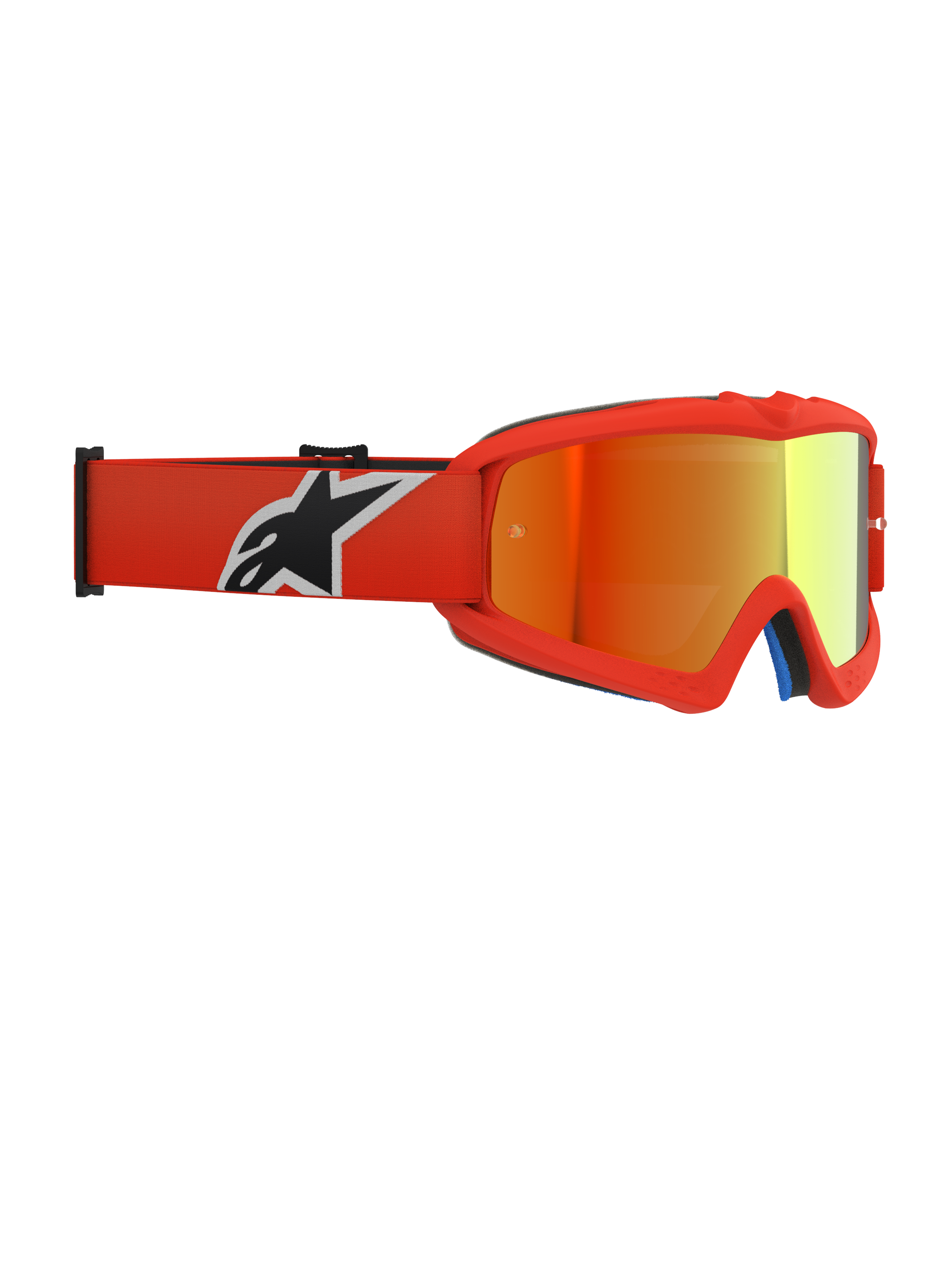 Alpinestars Vision Youth Corp Goggles, gogle motocrossowe, pomarańczowa oprawka z czerwoną lustrzaną soczewką, pomarańczowy tkany pasek z czarno-białym logo, zaprojektowane dla młodych motocyklistów, soczewka przeciwmgielna i uretanowa ramka