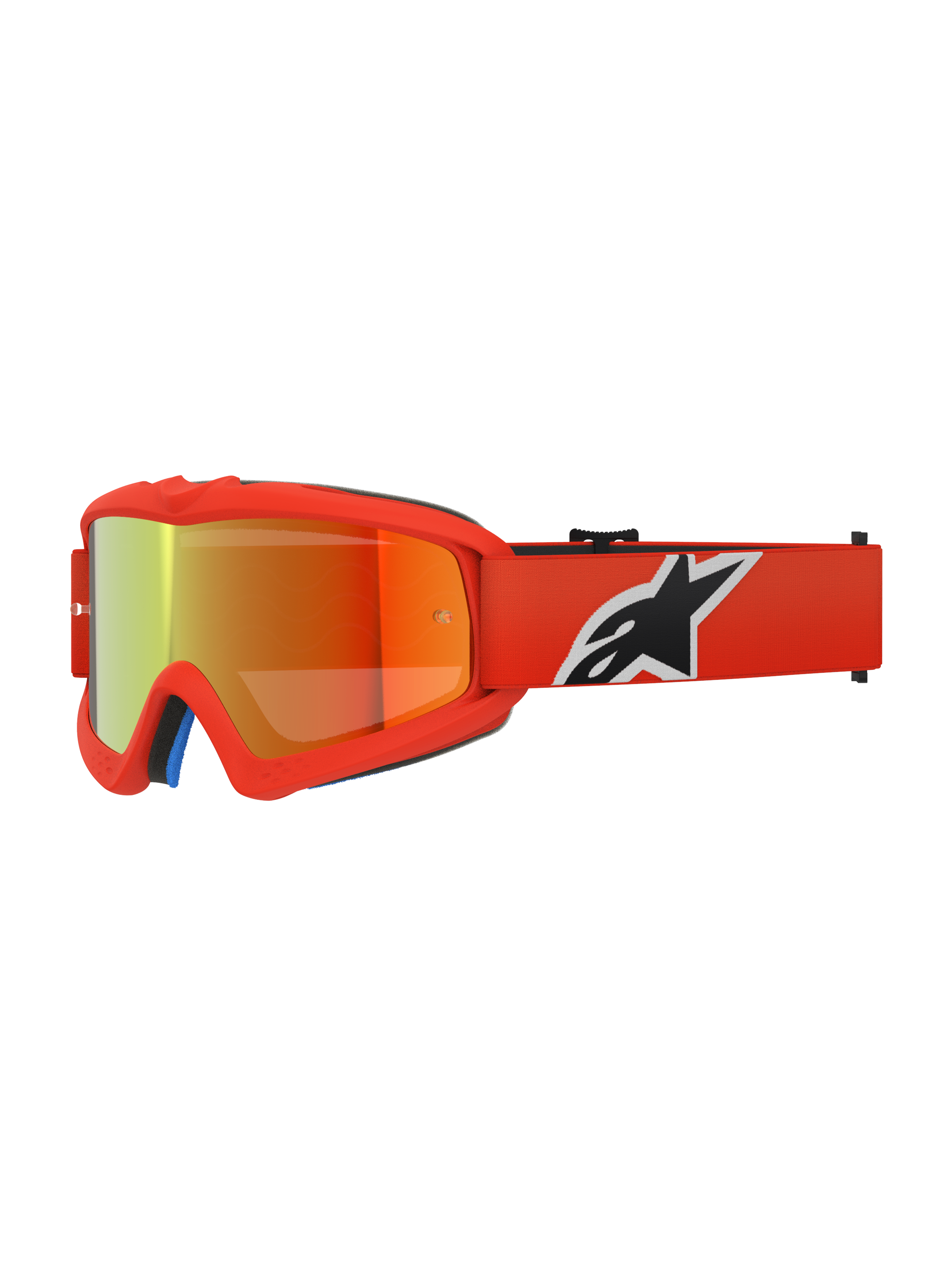 Gogle Alpinestars Vision Youth Corp, młodzieżowe gogle motocrossowe, pomarańczowe z czerwoną lustrzaną soczewką, czarno-białe logo Alpinestars na pasku, wysokiej klasy ochrona oczu do wyścigów terenowych
