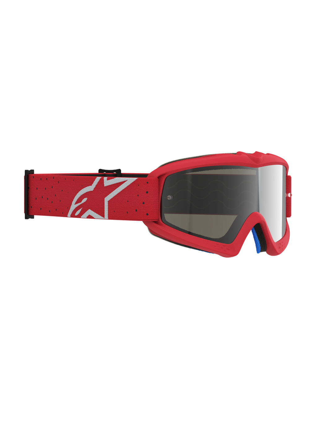 Gogle Vision Vesta Młodzieżowe, czerwone gogle motocrossowe ze srebrną lustrzaną soczewką i białym logo Alpinestars.