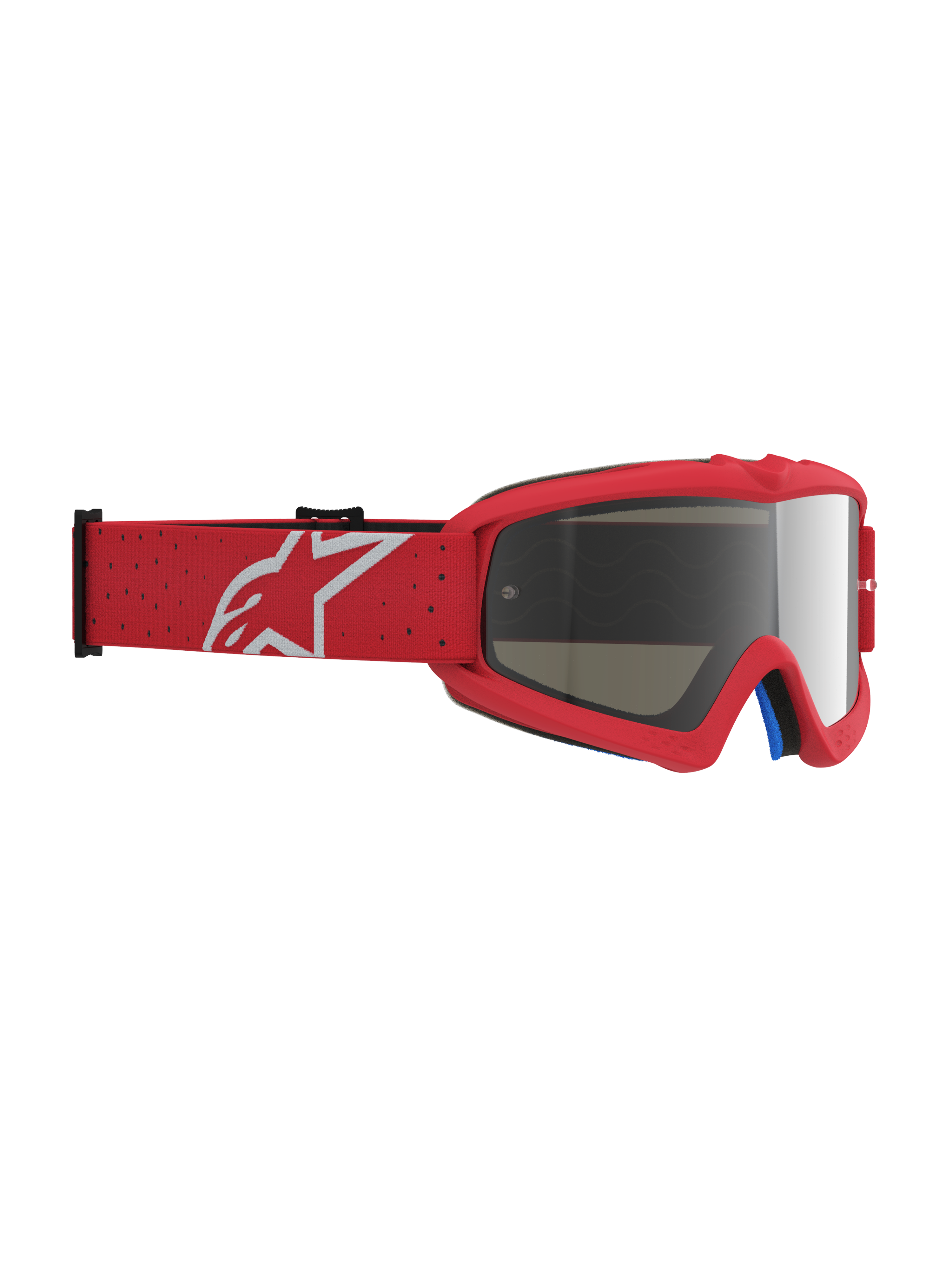 Gogle Vision Vesta Młodzieżowe, czerwone gogle motocrossowe ze srebrną lustrzaną soczewką i białym logo Alpinestars.