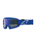 Alpinestars gogle Vision Vesta młodzieżowe, niebiesko-białe, motocrossowe z niebieską lustrzaną soczewką i giętką ramką.