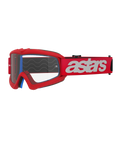 Alpinestars Vision Youth Blaze Goggles, Youth Motocross Goggles, Red and White, Clear lens with tear-off posts, blue interior padding, red strap with white branding and silicone wave pattern for grip, high-performance eye protection for youth off-road racing