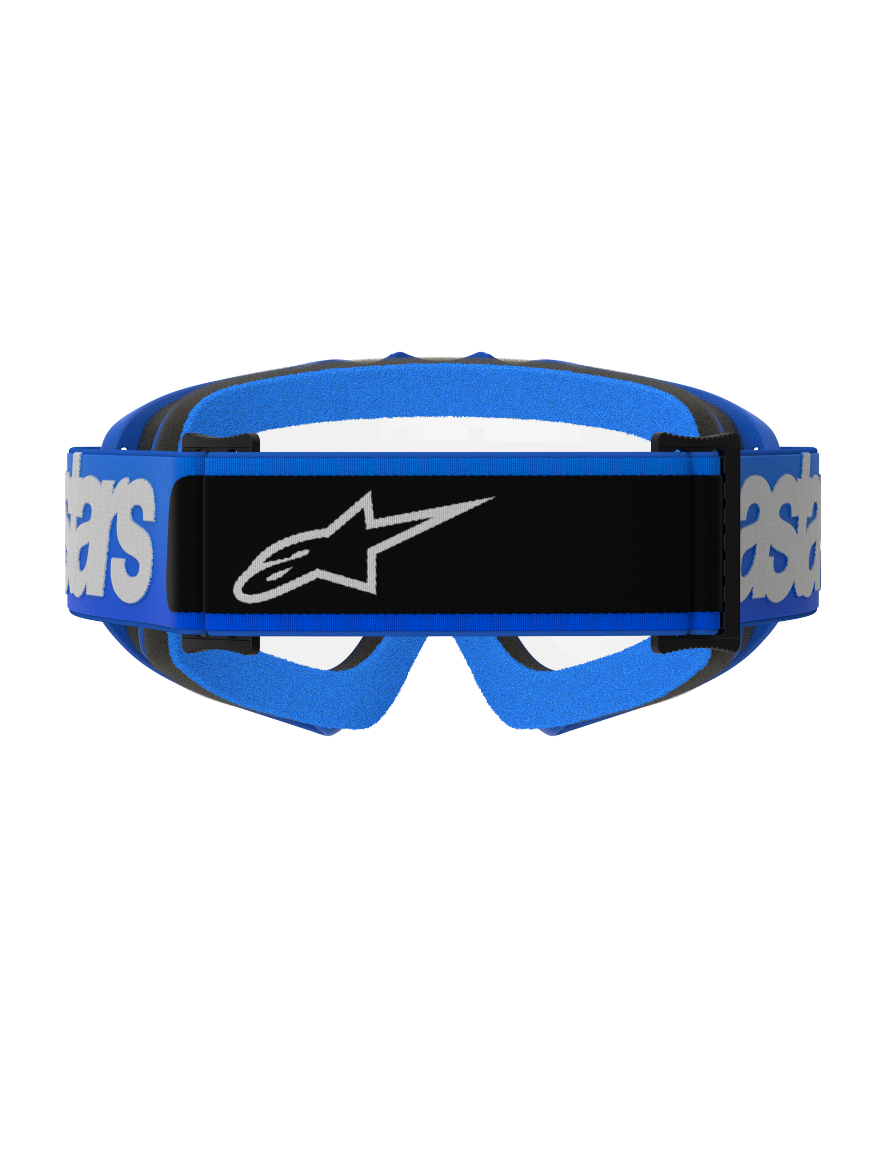 Alpinestars Vision Youth Blaze Goggles, Motocross Goggles, Blue and Clear, rear view featuring a wide blue strap with a black central panel and white Alpinestars logo, blue and black foam padding, clear lens visibility