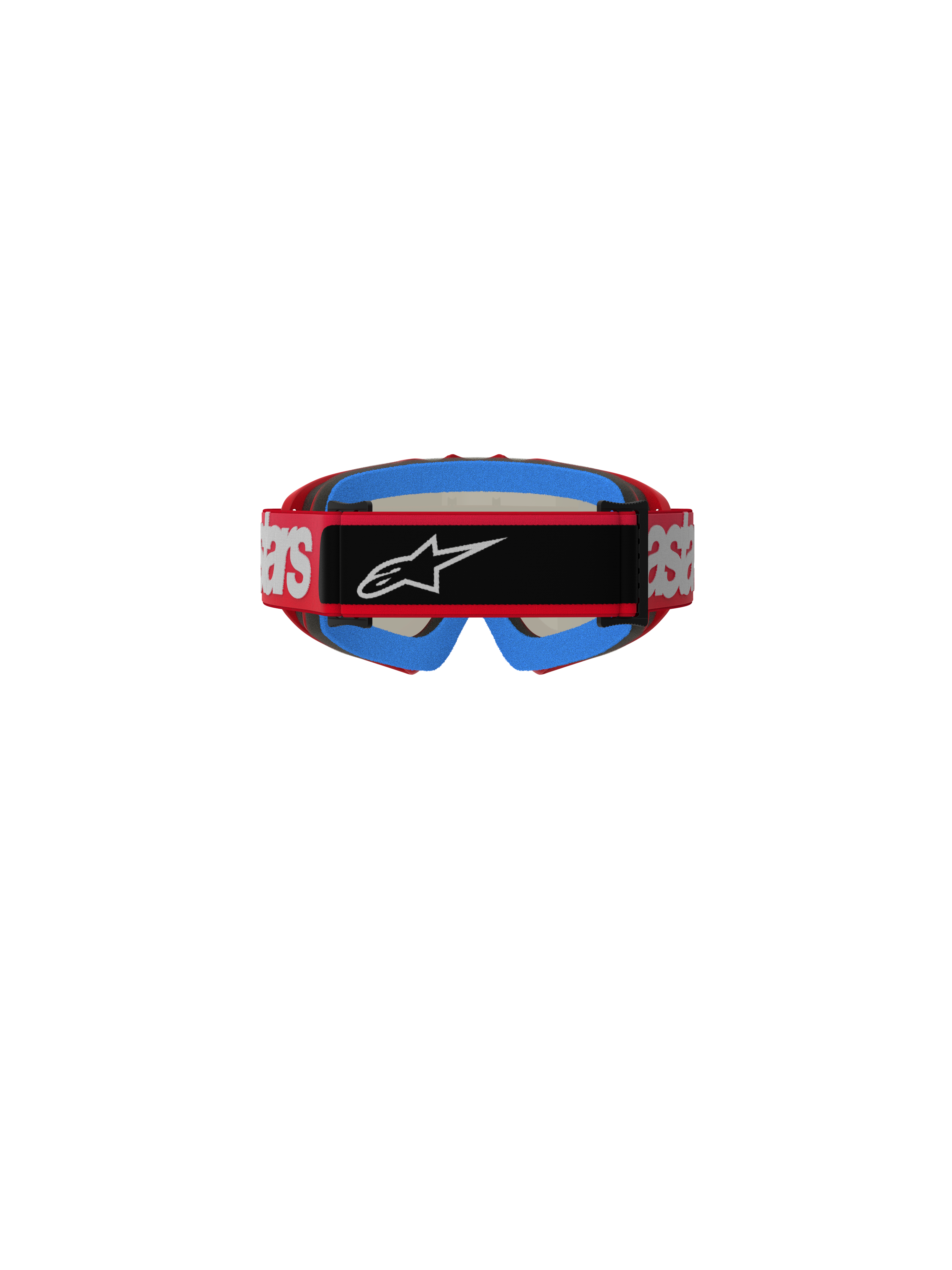 Alpinestars Vision Youth Blaze Goggles, Motocross Goggles, Red and Silver, Rear view showing red strap with white branding and black central patch with white Astars logo, blue inner foam padding