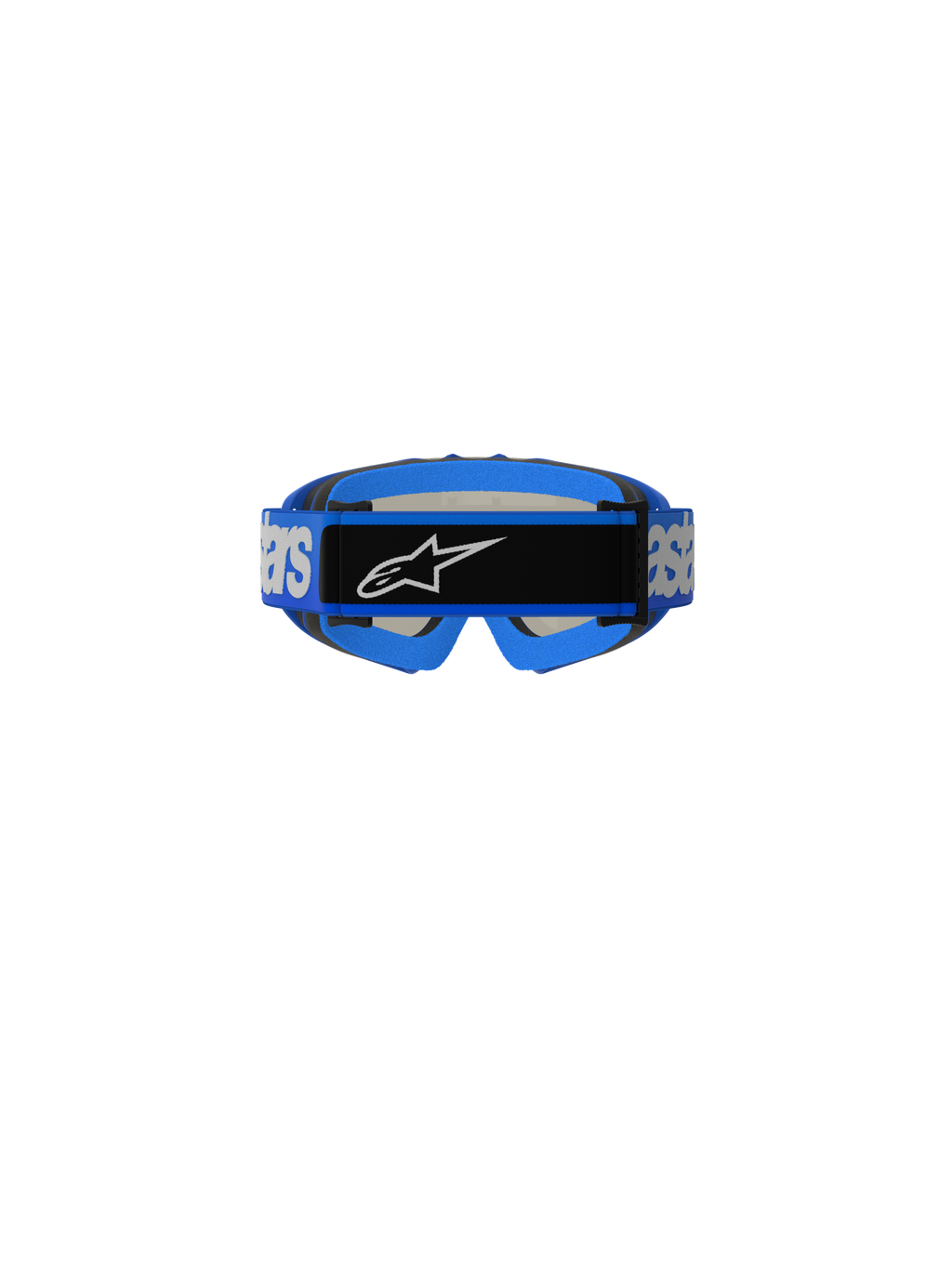 Gogle Alpinestars Vision Youth Blaze, gogle motocrossowe, niebieskie, widok z tyłu pokazujący niebieski tkany pasek z białym brandingiem Alpinestars i czarną środkową płytką z logo, niebieska wyściółka z pianki, zaprojektowane dla młodzieży do wyścigów off-road