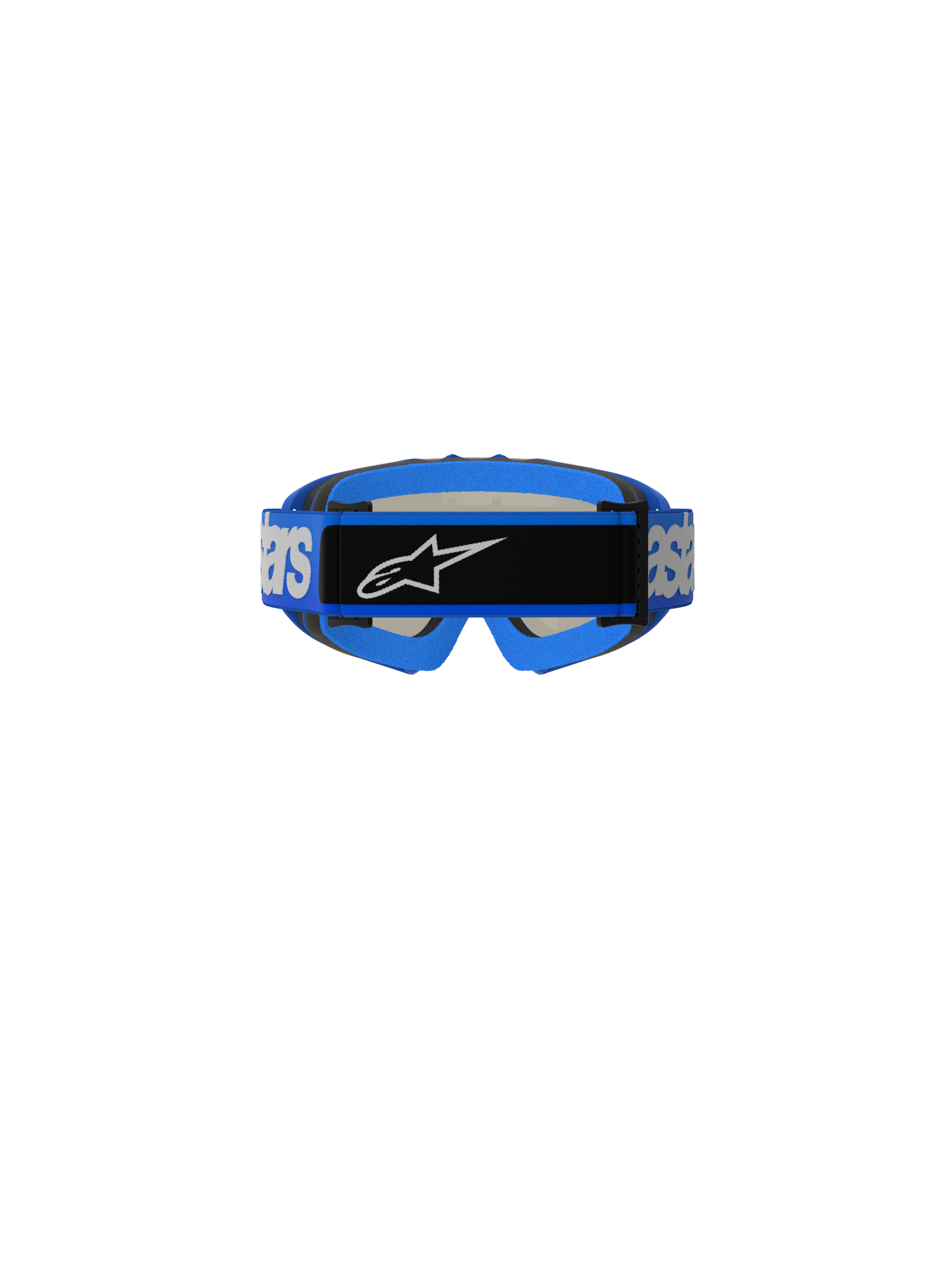 Gogle Alpinestars Vision Youth Blaze, gogle motocrossowe, niebieskie, widok z tyłu pokazujący niebieski tkany pasek z białym brandingiem Alpinestars i czarną środkową płytką z logo, niebieska wyściółka z pianki, zaprojektowane dla młodzieży do wyścigów off-road