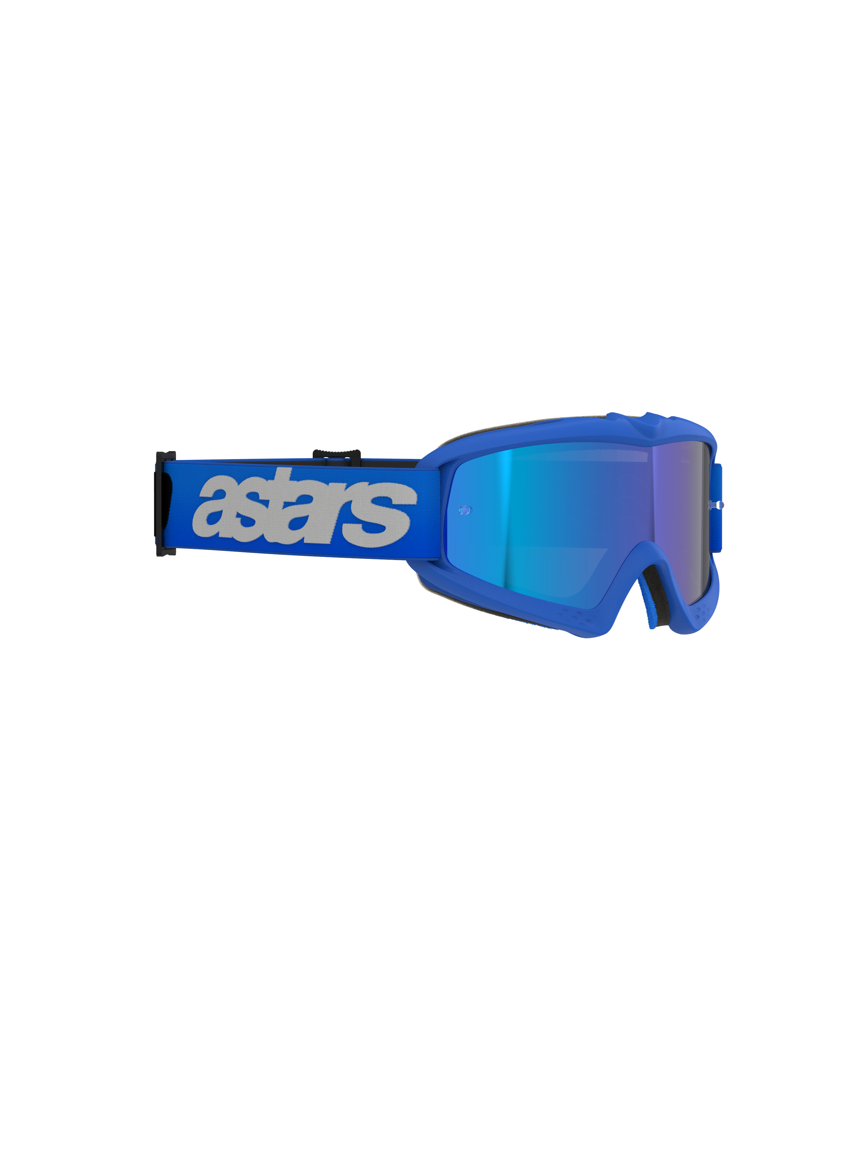 Alpinestars Vision Youth Blaze Goggles, gogle motocrossowe, Blue Mirror Blue, intensywnie niebieska ramka z lustrzaną soczewką, szeroki niebieski pasek z jasnoszarym brandingiem „astars”, wysokiej klasy ochrona oczu dla młodych zawodników off-road