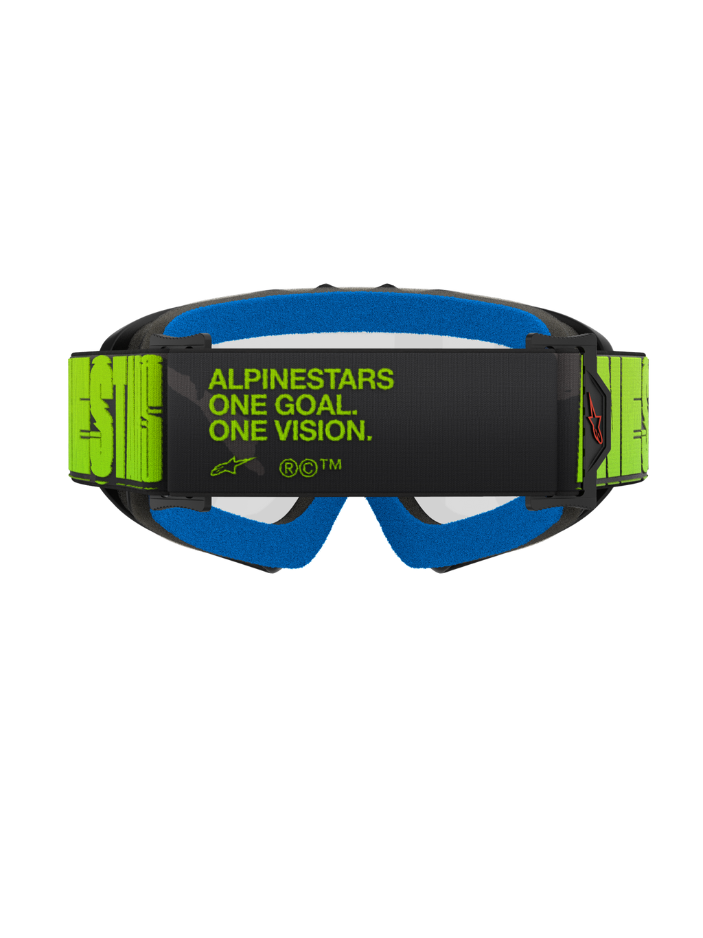Alpinestars Vision Youth Hollow Goggles, gogle motocrossowe, grafitowe i neonowożółte, widok z tyłu z hasłem „ALPINESTARS ONE GOAL. ONE VISION.” na pasku, jaskrawoniebieska pianka, gogle motocrossowe dla młodzieży