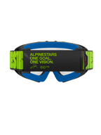 Alpinestars Vision Youth Hollow Goggles, gogle motocrossowe, grafitowe i neonowożółte, widok z tyłu z hasłem „ALPINESTARS ONE GOAL. ONE VISION.” na pasku, jaskrawoniebieska pianka, gogle motocrossowe dla młodzieży