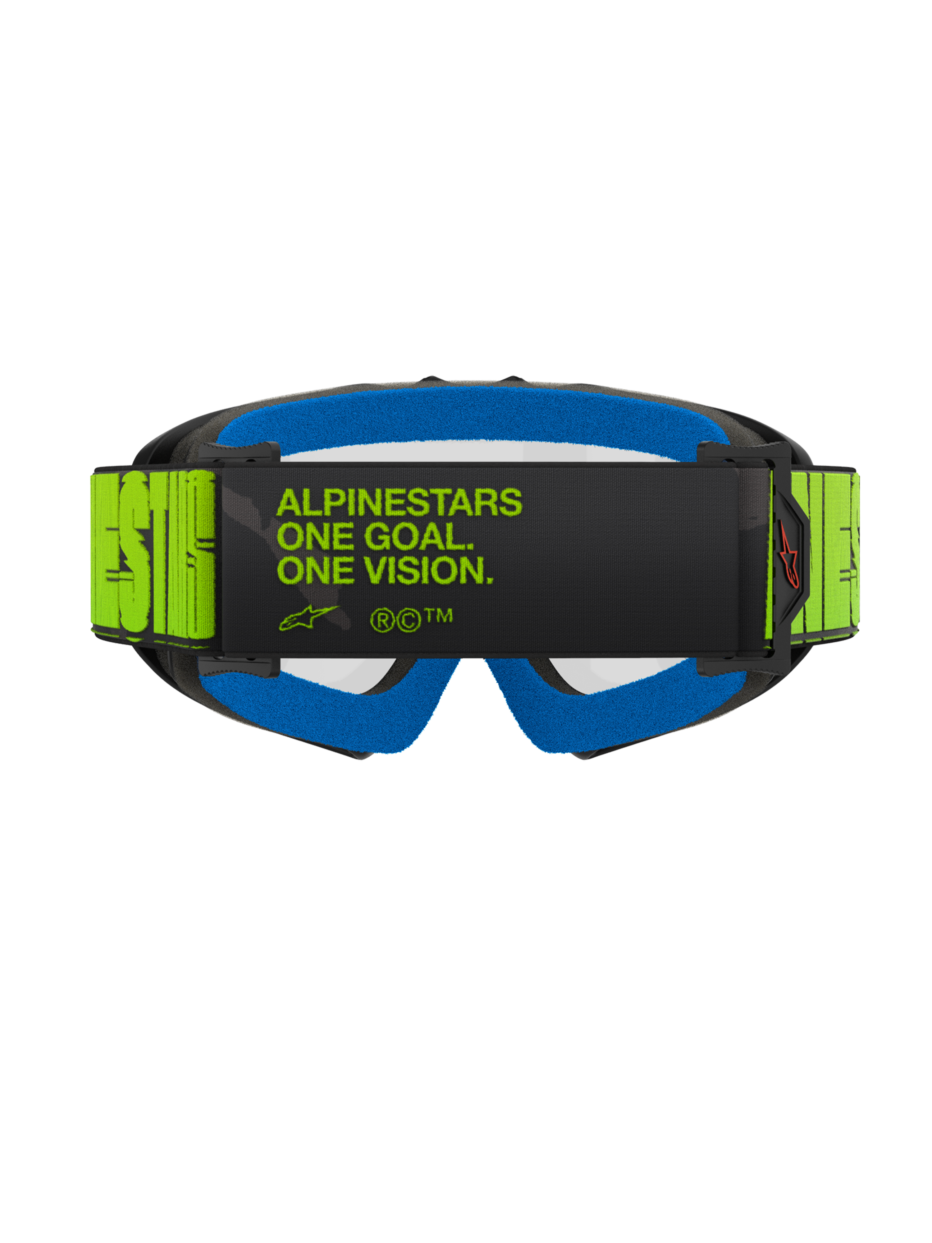 Alpinestars Vision Youth Hollow Goggles, gogle motocrossowe, grafitowe i neonowożółte, widok z tyłu z hasłem „ALPINESTARS ONE GOAL. ONE VISION.” na pasku, jaskrawoniebieska pianka, gogle motocrossowe dla młodzieży