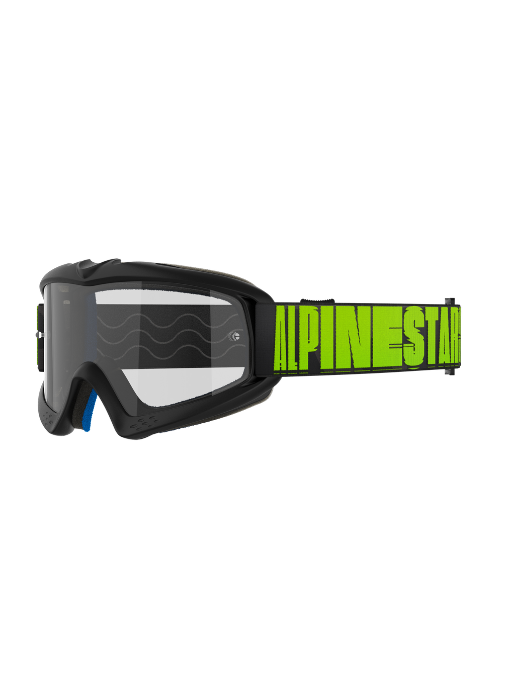 Alpinestars Vision Youth Hollow i Vision 5 Hollow, gogle motocrossowe off-road, ciemnoszara oprawka z neonowożółtym napisem Alpinestars na czarnym pasku, przezroczysta soczewka, niebieska wewnętrzna warstwa pianki, nowoczesny opływowy design dla młodszych i dorosłych zawodników