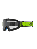 Alpinestars Vision Youth Hollow i Vision 5 Hollow, gogle motocrossowe off-road, ciemnoszara oprawka z neonowożółtym napisem Alpinestars na czarnym pasku, przezroczysta soczewka, niebieska wewnętrzna warstwa pianki, nowoczesny opływowy design dla młodszych i dorosłych zawodników