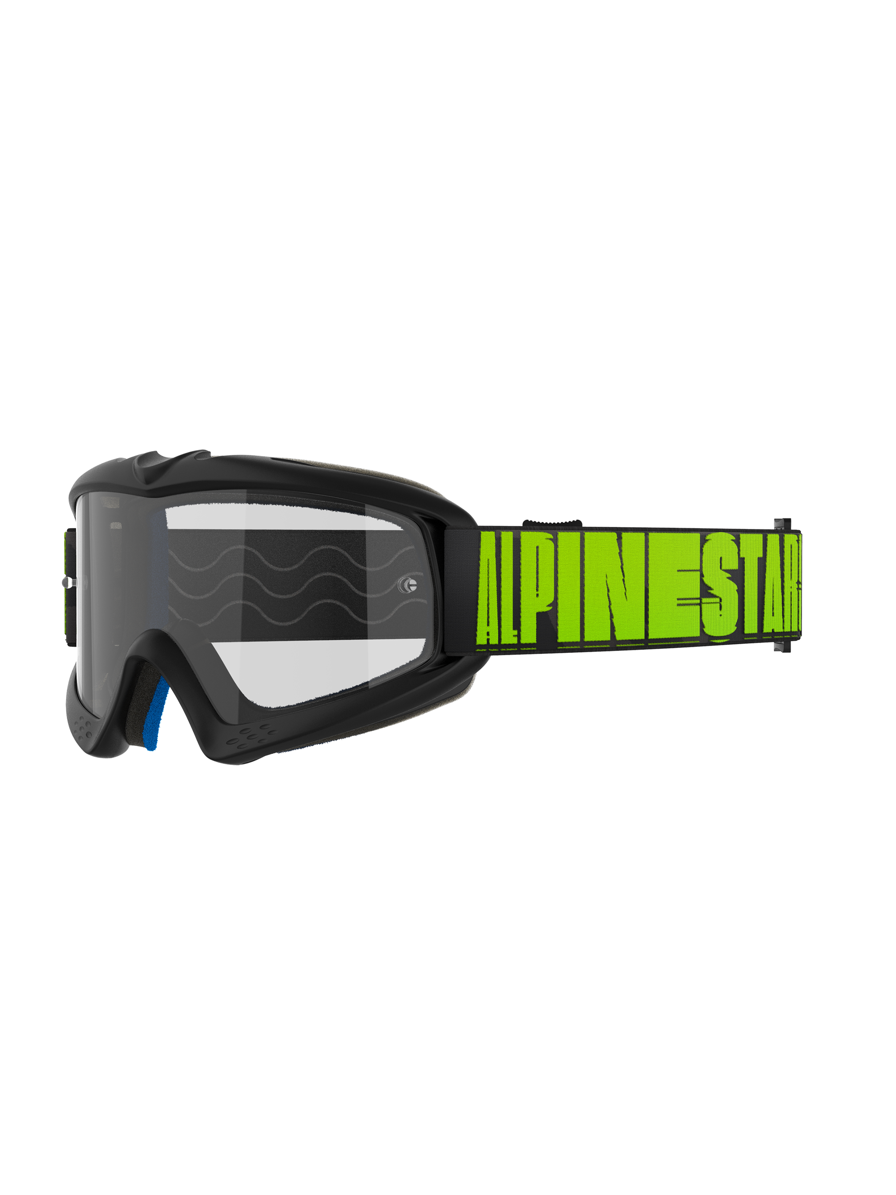 Alpinestars Vision Youth Hollow i Vision 5 Hollow, gogle motocrossowe off-road, ciemnoszara oprawka z neonowożółtym napisem Alpinestars na czarnym pasku, przezroczysta soczewka, niebieska wewnętrzna warstwa pianki, nowoczesny opływowy design dla młodszych i dorosłych zawodników