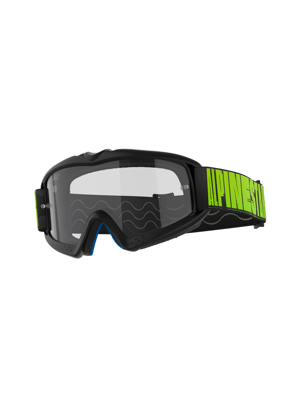 Alpinestars Vision Youth Hollow Goggles, gogle motocrossowe, ciemnoszara oprawka z przezroczystą szybką przeciwmgielną, czarny pasek z jaskrawożółtym logo Fluo Yellow, niebieska pianka wewnętrzna, zaprojektowane dla młodych zawodników off-road