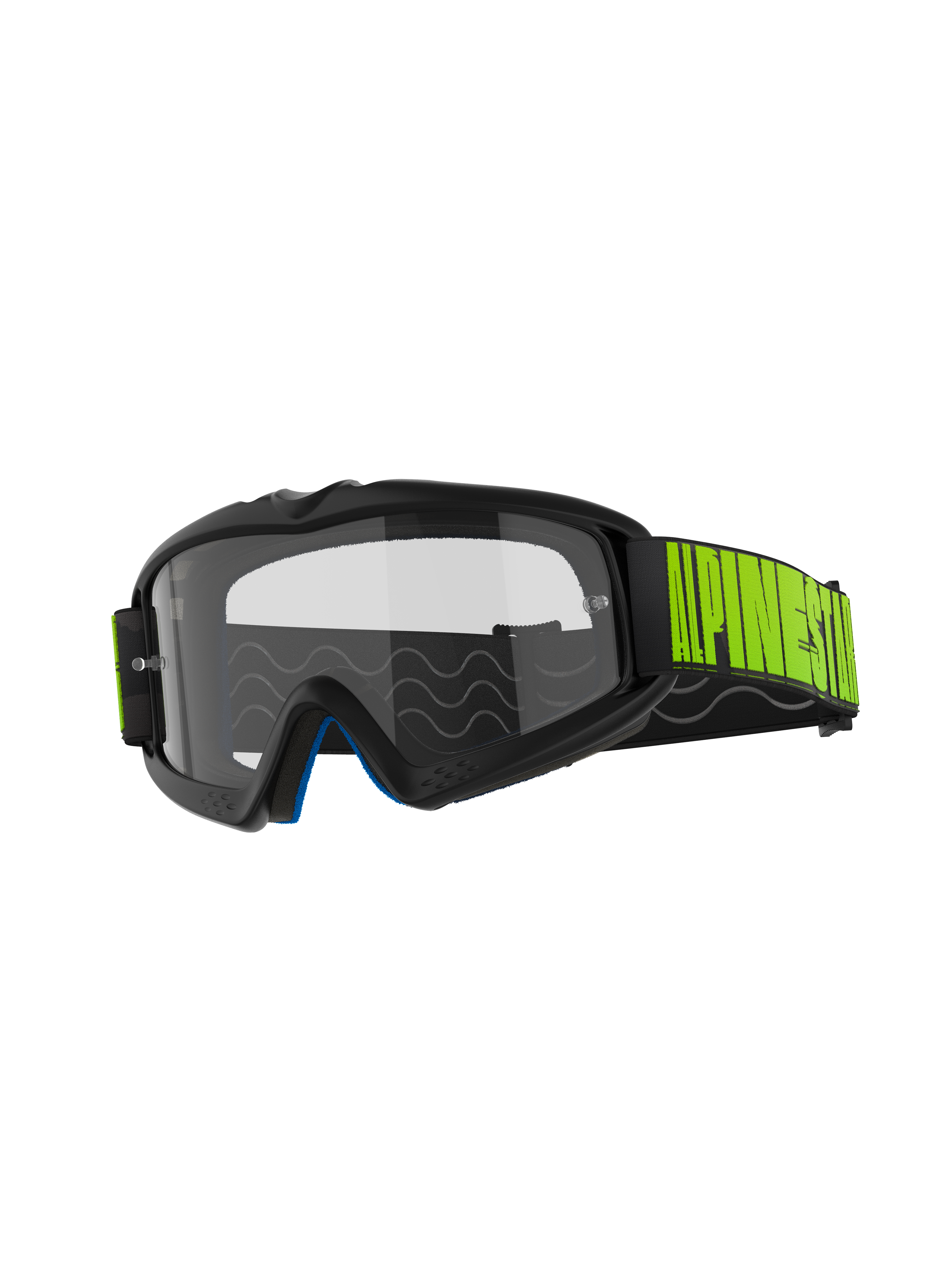 Alpinestars Vision Youth Hollow Goggles, gogle motocrossowe, ciemnoszara oprawka z przezroczystą szybką przeciwmgielną, czarny pasek z jaskrawożółtym logo Fluo Yellow, niebieska pianka wewnętrzna, zaprojektowane dla młodych zawodników off-road