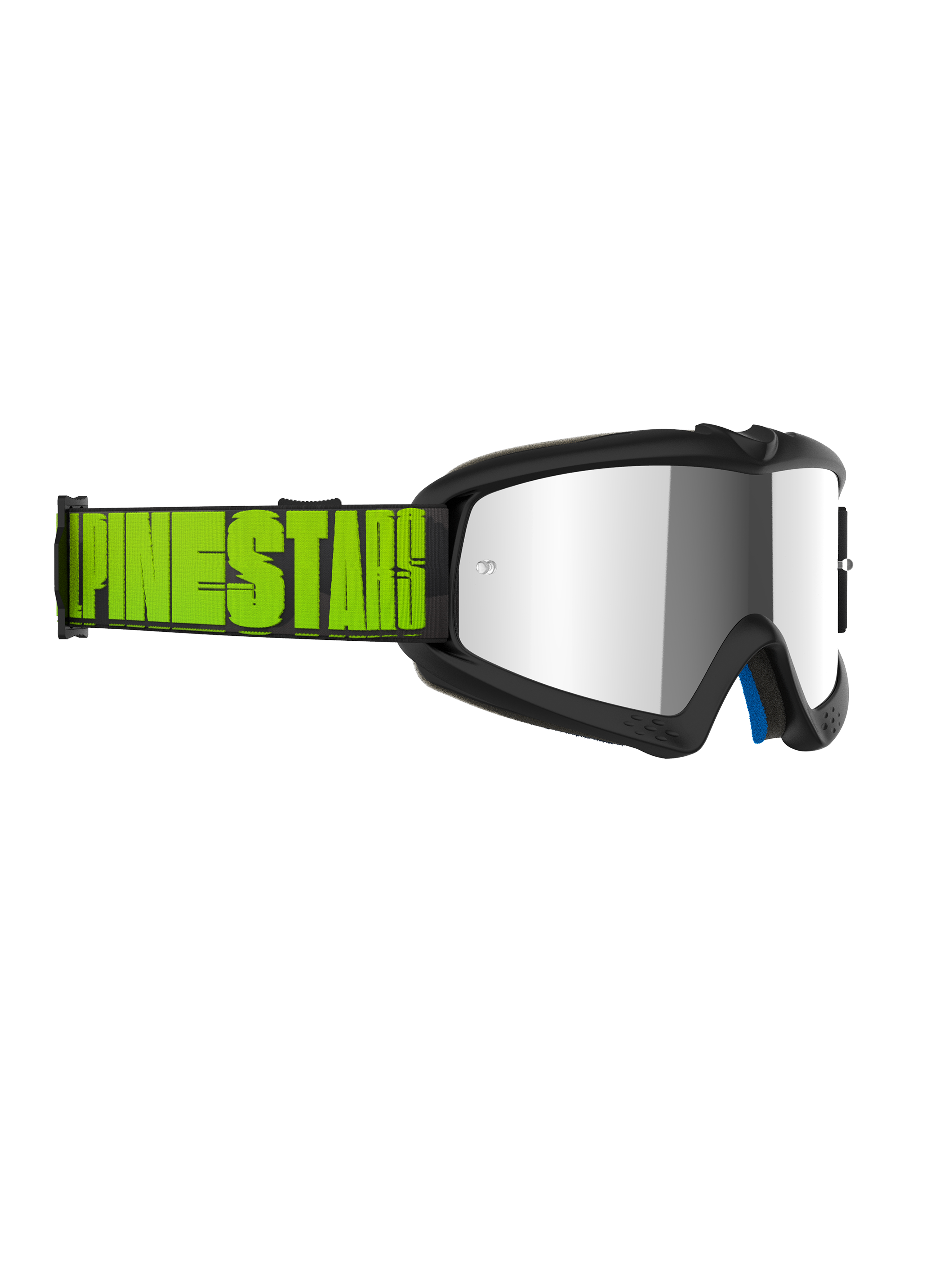 Alpinestars Vision Youth Hollow Goggles, youth motocross goggles, charcoal gray frame with a mirror silver lens, fluo yellow and black strap featuring bold Alpinestars branding, professional-grade eye protection for off-road racing