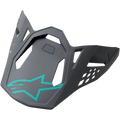 Alpinestars S-M8, daszek do kasku, Radium Blue Gray Green, ciemnoszary daszek zamienny z turkusowym logo gwiazdy Alpinestars, geometryczne wycięcia i kanciasty matowy design do kasków motocrossowych