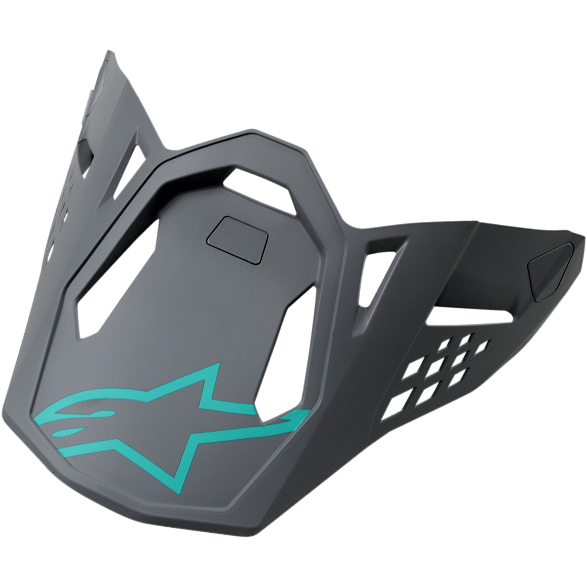 Alpinestars S-M8, daszek do kasku, Radium Blue Gray Green, ciemnoszary daszek zamienny z turkusowym logo gwiazdy Alpinestars, geometryczne wycięcia i kanciasty matowy design do kasków motocrossowych