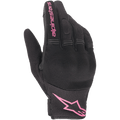 Alpinestars Stella Copper Women's Gloves, miejskie rękawice motocyklowe, czarno-fuksjowe, oddychająca siateczka tekstylna z osłoniętym twardym ochraniaczem kostek, różowe logo Alpinestars na palcu wskazującym i mankiecie