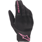 Alpinestars Stella Copper Women's Gloves, miejskie rękawice motocyklowe, czarno-fuksjowe, oddychająca siateczka tekstylna z osłoniętym twardym ochraniaczem kostek, różowe logo Alpinestars na palcu wskazującym i mankiecie