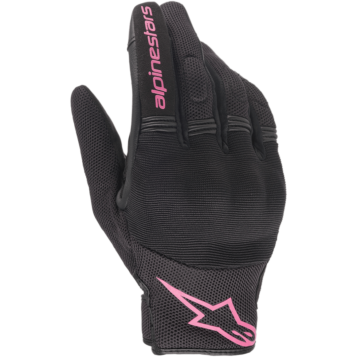 Alpinestars Stella Copper Women's Gloves, miejskie rękawice motocyklowe, czarno-fuksjowe, oddychająca siateczka tekstylna z osłoniętym twardym ochraniaczem kostek, różowe logo Alpinestars na palcu wskazującym i mankiecie