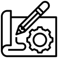 Alpinestars engineering and design icon, black and white line drawing of a pencil on rolled paper with a gear symbol, minimalist technical illustration