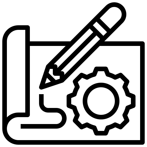 Alpinestars engineering and design icon, black and white line drawing of a pencil on rolled paper with a gear symbol, minimalist technical illustration