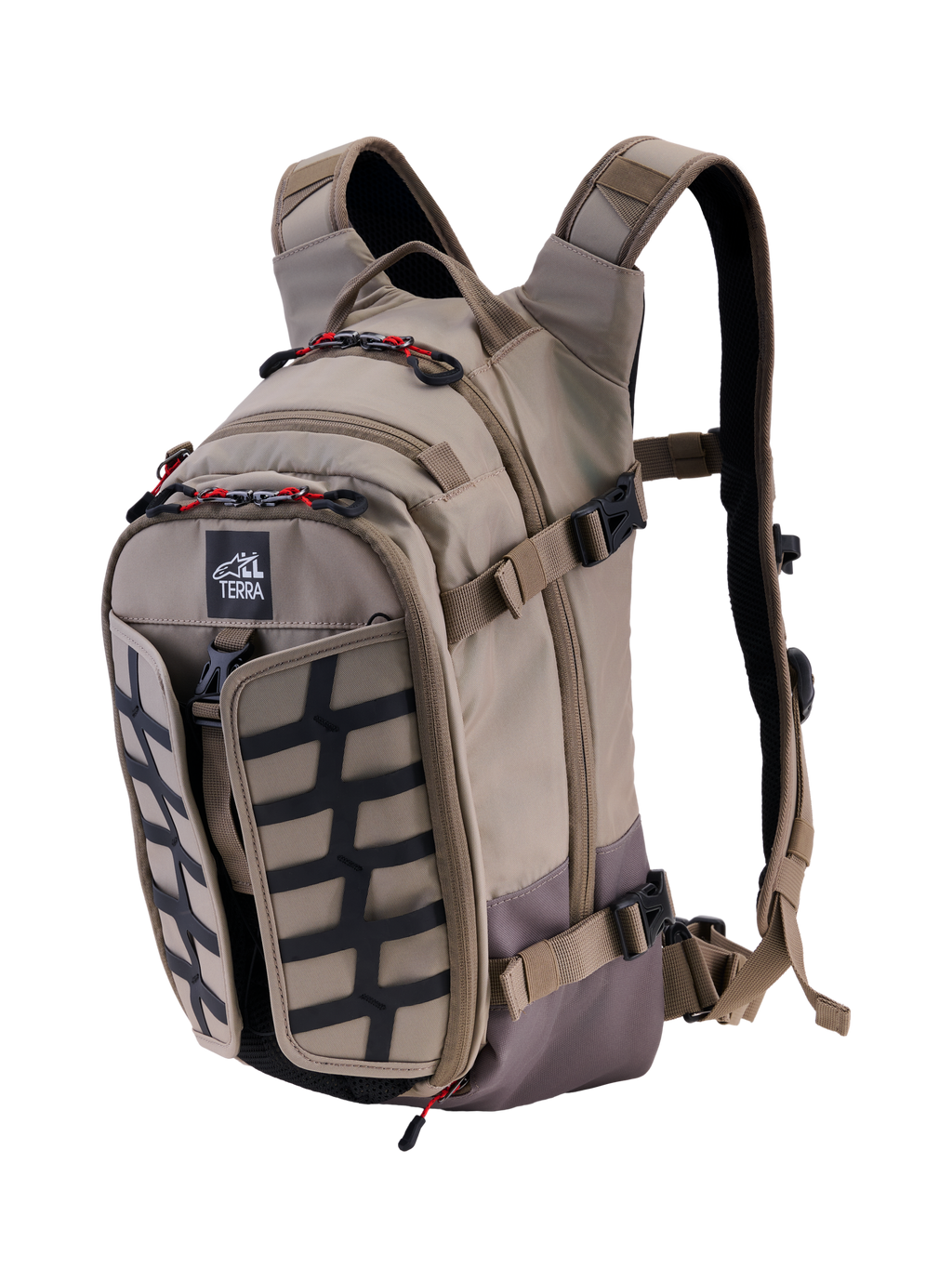 Plecak Alpinestars AT-15, Aluminum Walnut, rozszerzalny motocyklowy plecak adventure o pojemności 15 l, widok 3/4 z przodu z logo All Terra, czarny panel z siatką, czerwone akcenty przy zamkach, ergonomiczne paski naramienne, solidna konstrukcja off-road