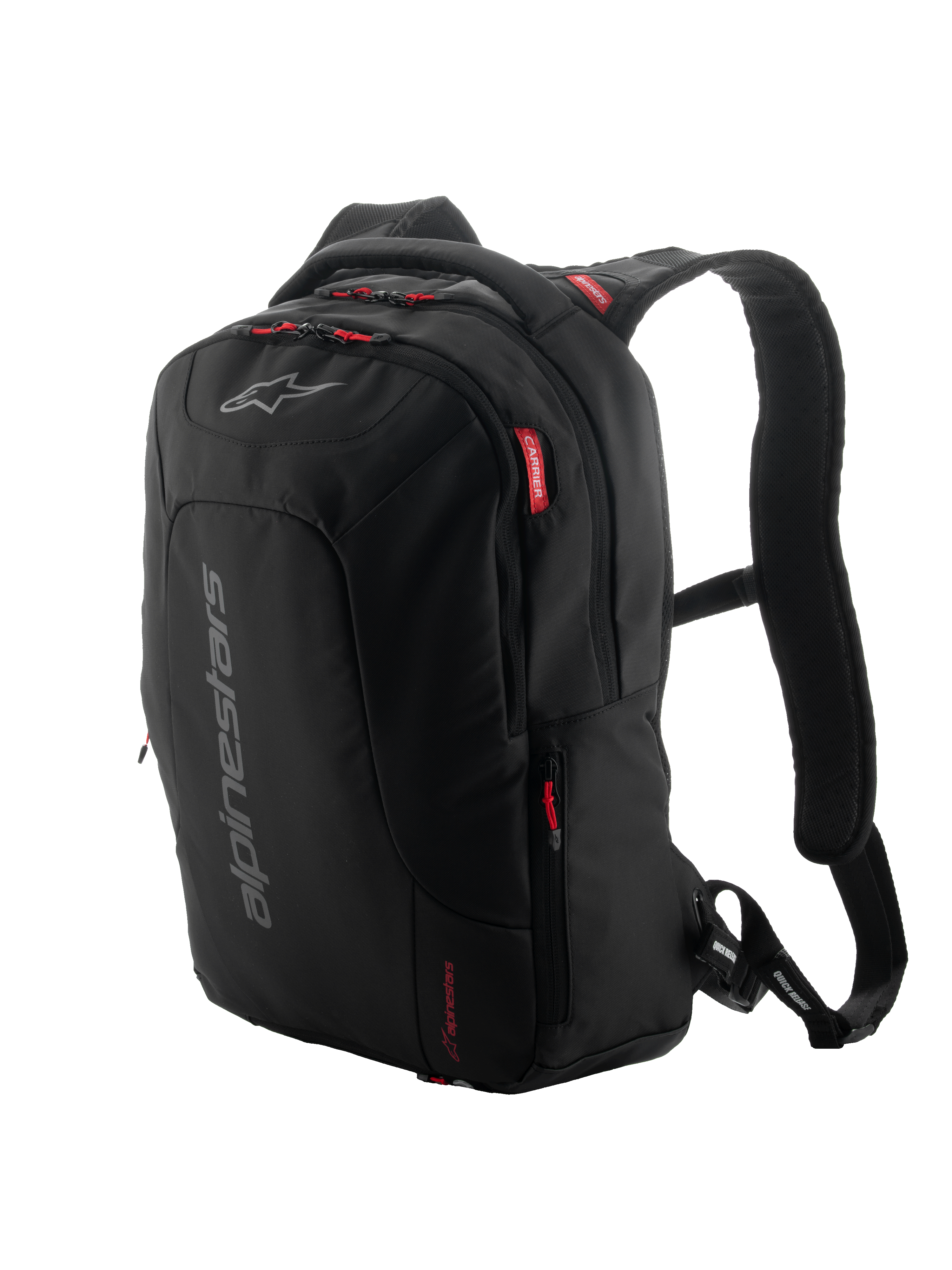 Plecak Alpinestars City Hunter V2, miejski plecak motocyklowy, czarny z czerwonymi uchwytami suwaków i akcentami, szare pionowe logo, wyściełane siateczkowe szelki, smukły zwężany design zapewniający stabilność podczas jazdy