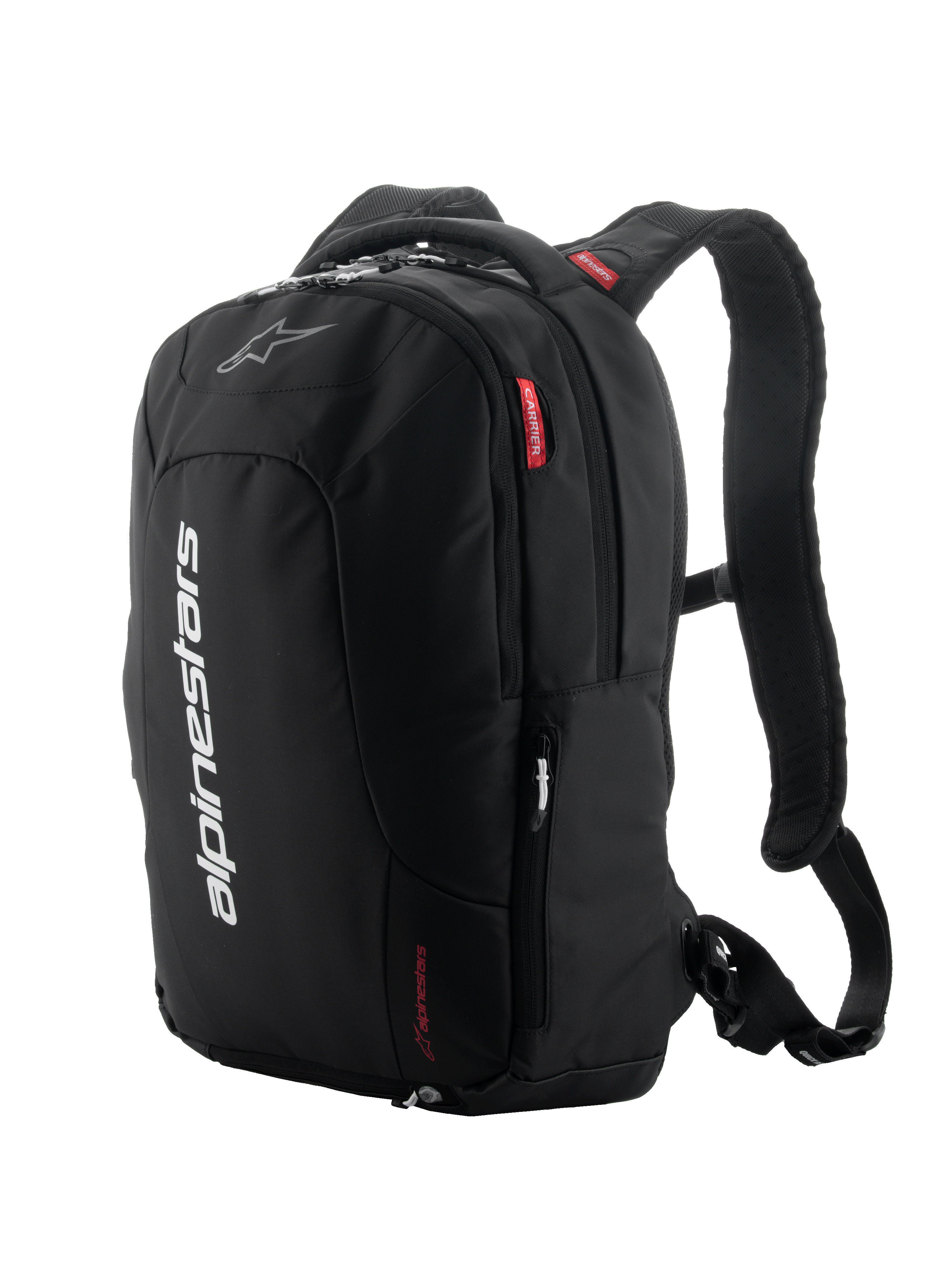 Alpinestars City Hunter V2 Backpack, czarny z białymi i czerwonymi akcentami, miejski plecak motocyklowy, posiada wyściełane siatkowe szelki, wiele przegród zapinanych na zamek, pionowy biały napis marki oraz czerwone detale z logo, ergonomiczna konstrukcja dla motocyklistów