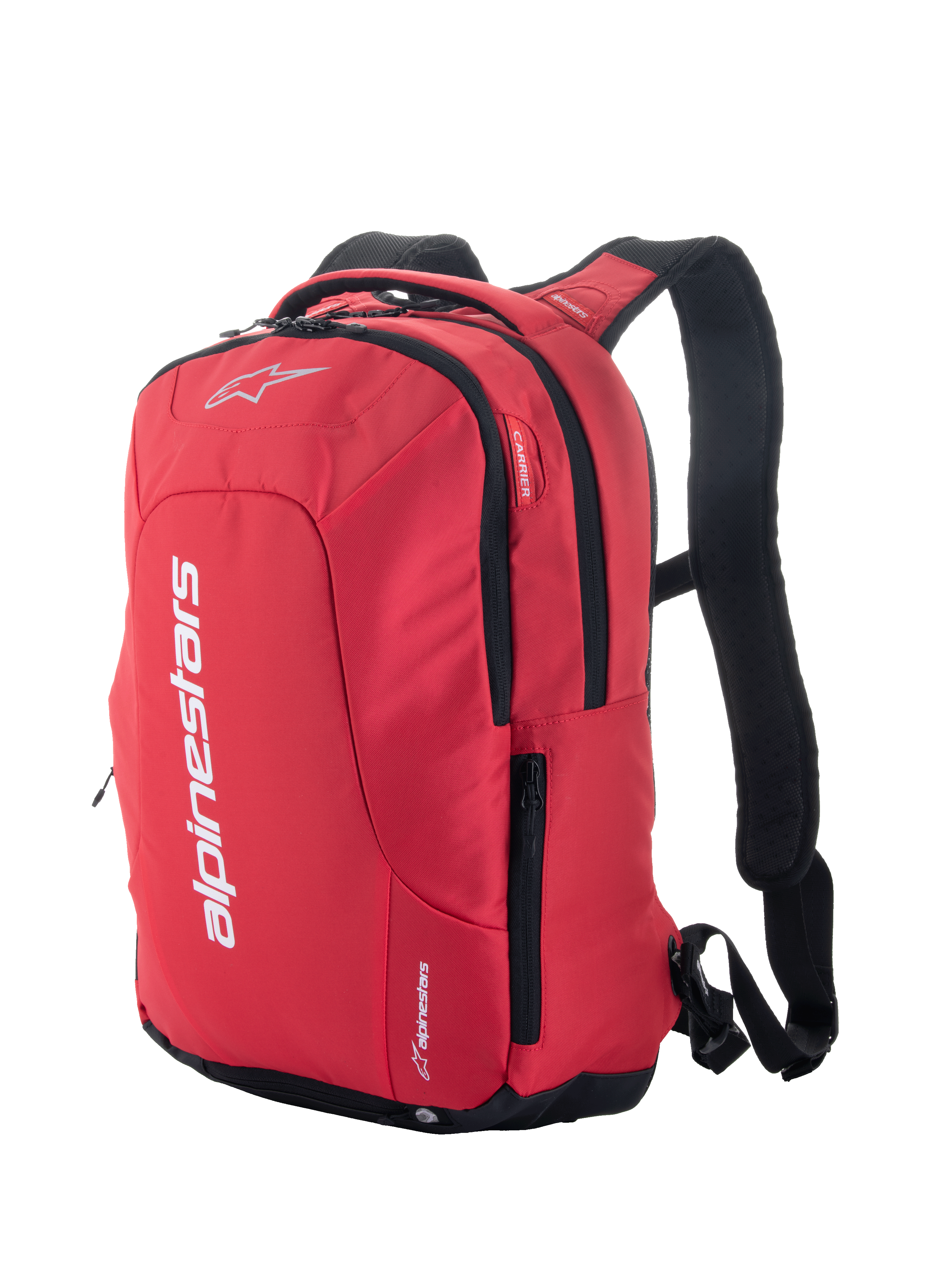 Alpinestars City Hunter V2 Backpack, miejski plecak motocyklowy, czerwono-czarny, wyraźne białe logo, boczne kieszenie na zamek, wyściełane szelki z siatki, opływowy design dla motocyklistów
