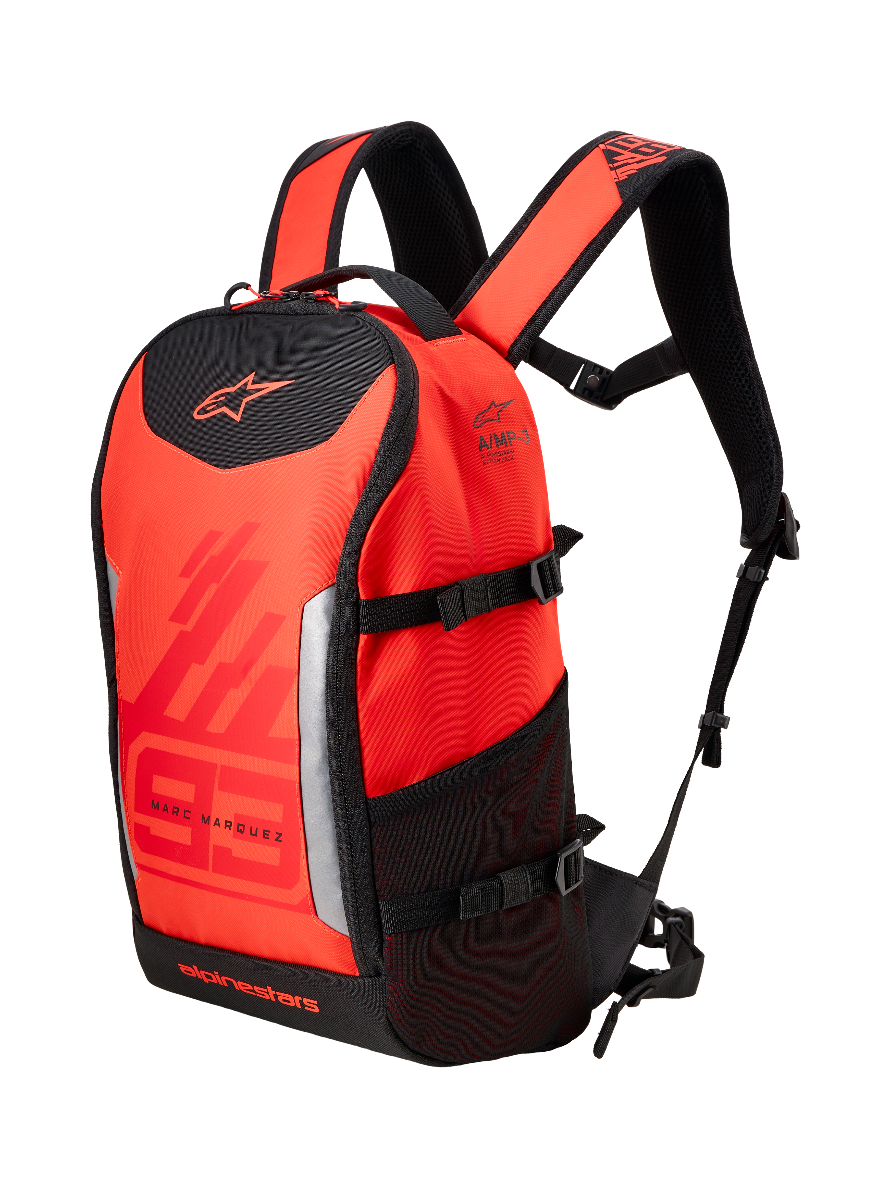 Alpinestars MM93 AMP3 Backpack, Technical Motorcycle Backpack, Red Fluo and Bright Red with Black accents, featuring Marc Marquez 93 branding and Alpinestars logos, adjustable shoulder straps, side mesh pocket, and structured textile design.