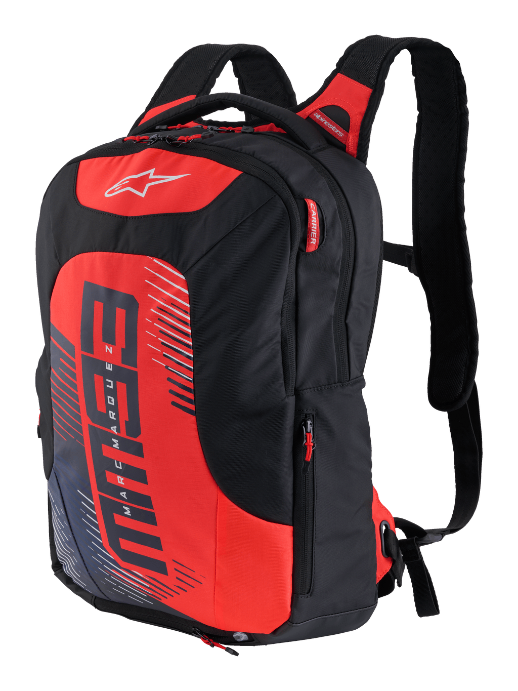 Plecak Alpinestars MM93 City Hunter V2, czarno-czerwony, sportowy plecak motocyklowy z ergonomicznymi wyściełanymi szelkami, wiele przegród z czerwonymi uchwytami zamków, wyrazisty czerwony panel przedni z logo MM93 i grafikami Marca Marqueza, wytrzymała tkanina poliestrowa, smukły, aerodynamiczny design