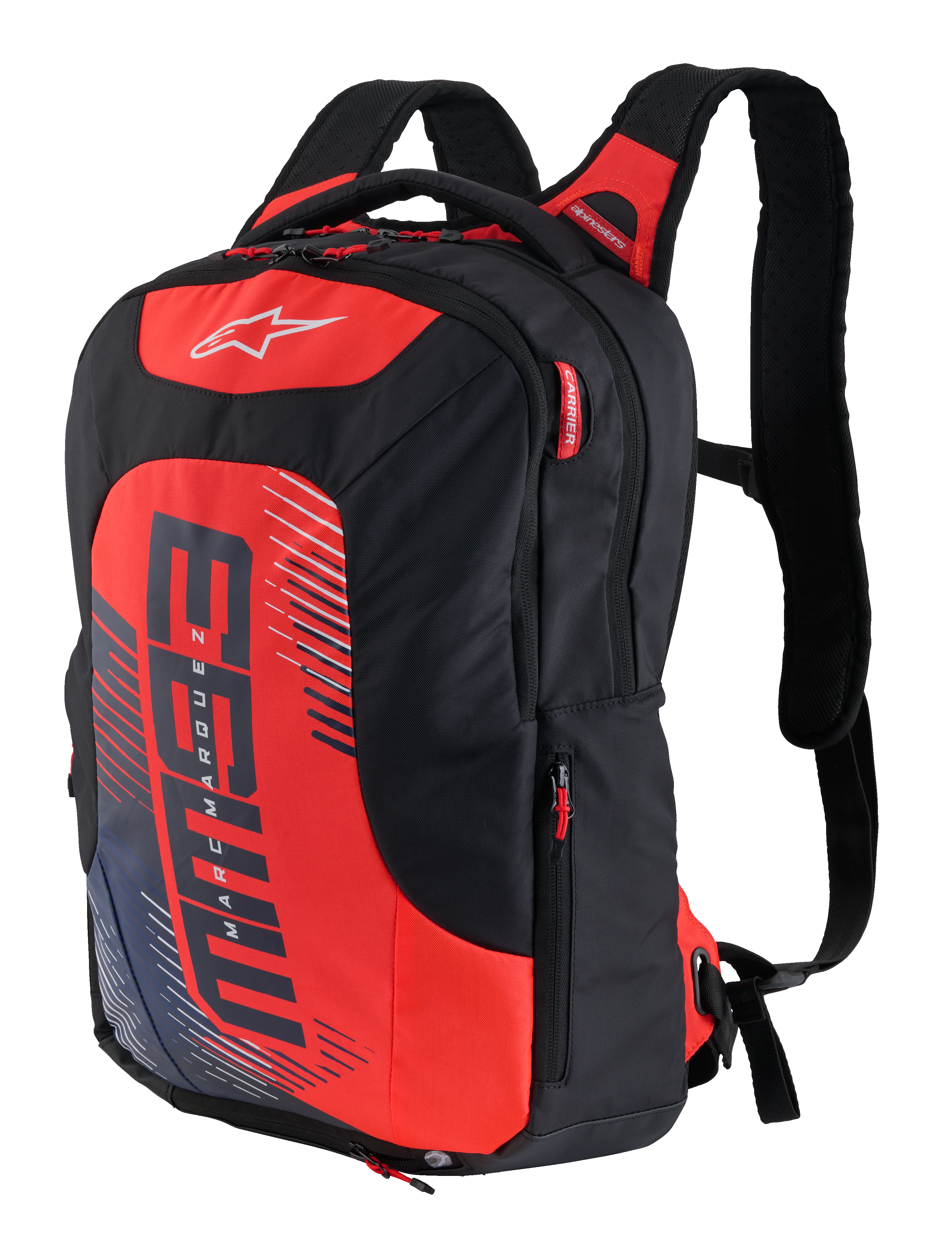 Plecak Alpinestars MM93 City Hunter V2, czarno-czerwony, sportowy plecak motocyklowy z ergonomicznymi wyściełanymi szelkami, wiele przegród z czerwonymi uchwytami zamków, wyrazisty czerwony panel przedni z logo MM93 i grafikami Marca Marqueza, wytrzymała tkanina poliestrowa, smukły, aerodynamiczny design
