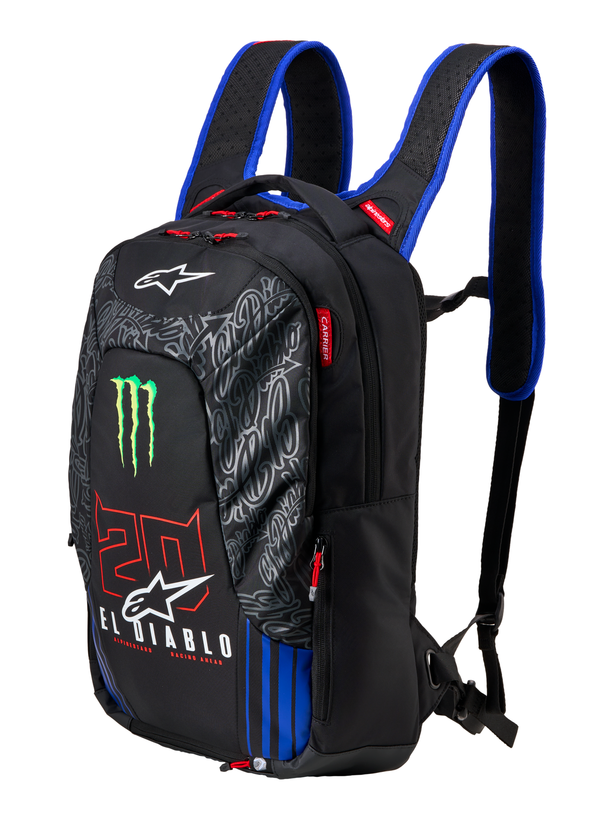 Alpinestars FQ20 City Hunter V2 Monster Backpack, czarny plecak motocyklowy z niebieskimi pasami naramiennymi, z zielonym logo Monster Energy, czerwonym numerem „20” i białym napisem „El Diablo”, techniczny miejski sprzęt o zwężanym profilu.
