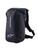 Alpinestars Torba Sportowa Sealed, czarny wodoodporny plecak motocyklowy, zamknięcie roll-top i srebrne odblaskowe logo.