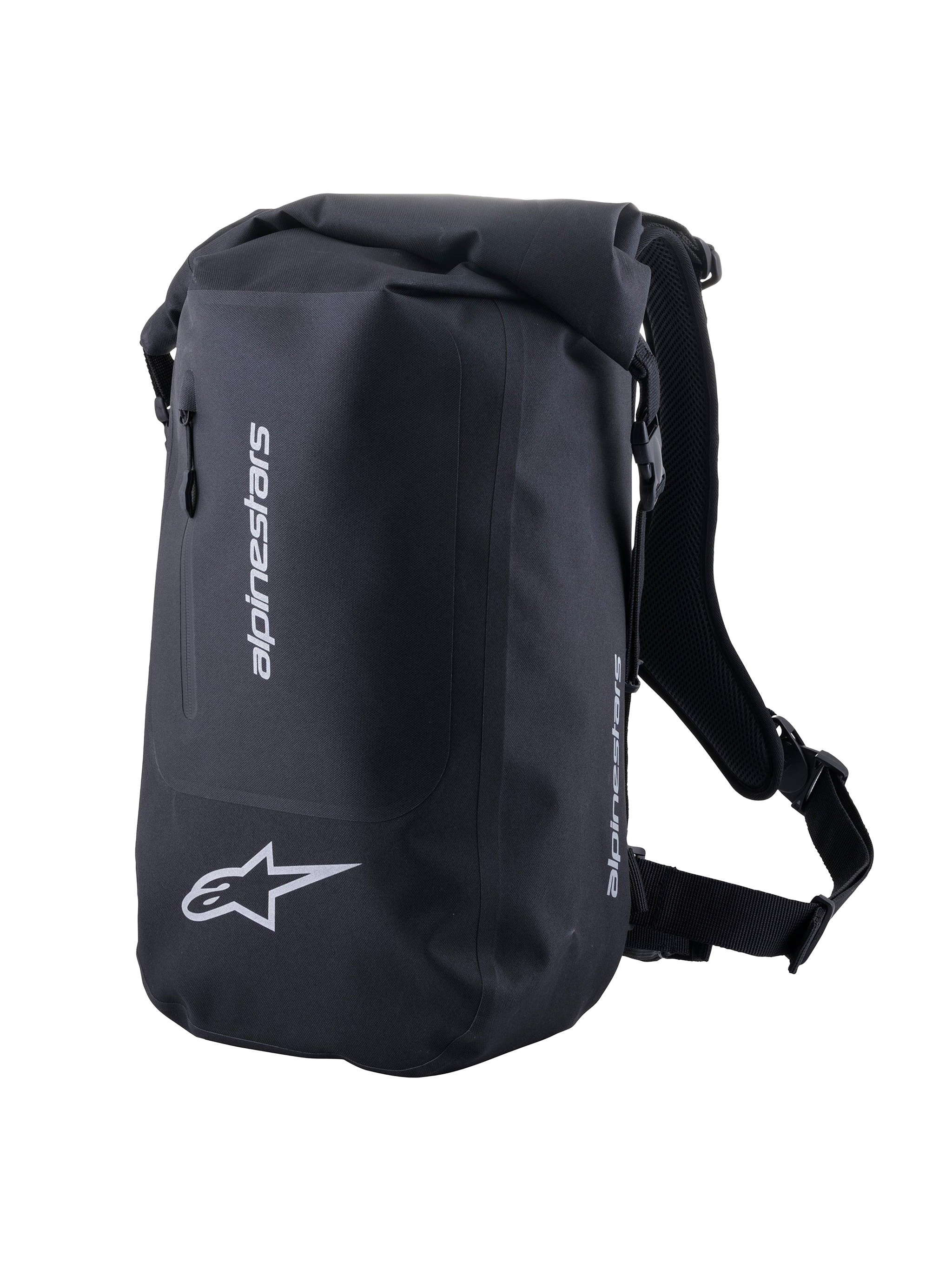 Alpinestars Torba Sportowa Sealed, czarny wodoodporny plecak motocyklowy, zamknięcie roll-top i srebrne odblaskowe logo.