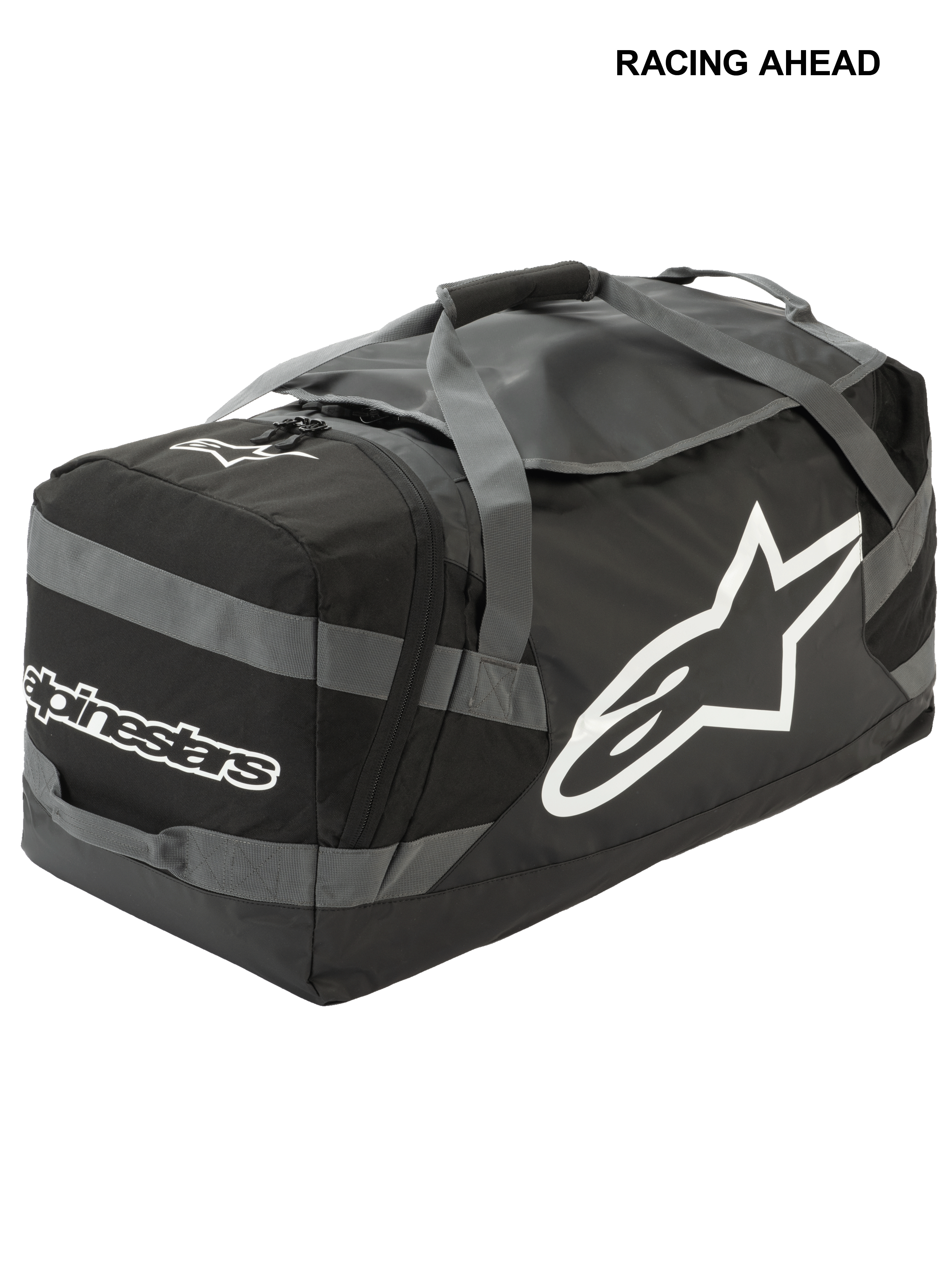 Alpinestars Goanna Bag, torba motocrossowa typu duffle, czarno-antracytowa z białym logo, posiada duże boczne logo gwiazdy i napis, wytrzymała podstawa z plandeki, wzmocnione paski do przenoszenia, duża przestrzeń na sprzęt do wyścigów terenowych