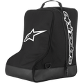 Alpinestars Boot Bag, torba na sprzęt motocrossowy, czarna z białym logo gwiazdy i pionowym napisem, górny uchwyt transportowy z taśmy, wzmocniona podstawa z brezentu, wytrzymały poliester 600D, przeznaczona do obuwia off-road