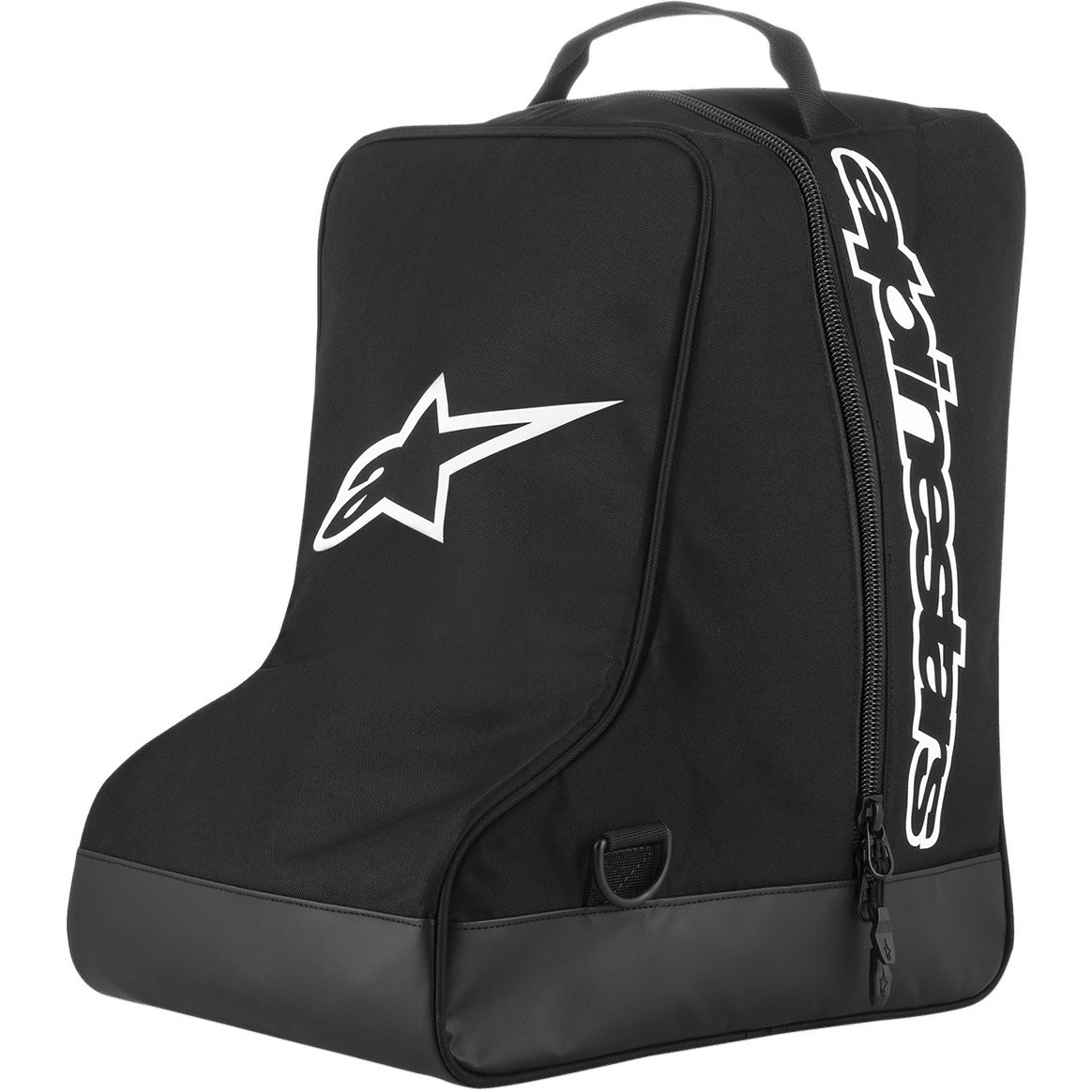 Alpinestars Boot Bag, torba na sprzęt motocrossowy, czarna z białym logo gwiazdy i pionowym napisem, górny uchwyt transportowy z taśmy, wzmocniona podstawa z brezentu, wytrzymały poliester 600D, przeznaczona do obuwia off-road