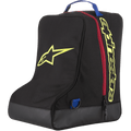 Alpinestars Boot Bag, czarno-żółta torba na sprzęt motocrossowy, czerwony zamek błyskawiczny i niebieski uchwyt, duże żółte logo gwiazdy i branding Alpinestars, wytrzymała podstawa z brezentu, specjalistyczny bagaż na buty do jazdy terenowej