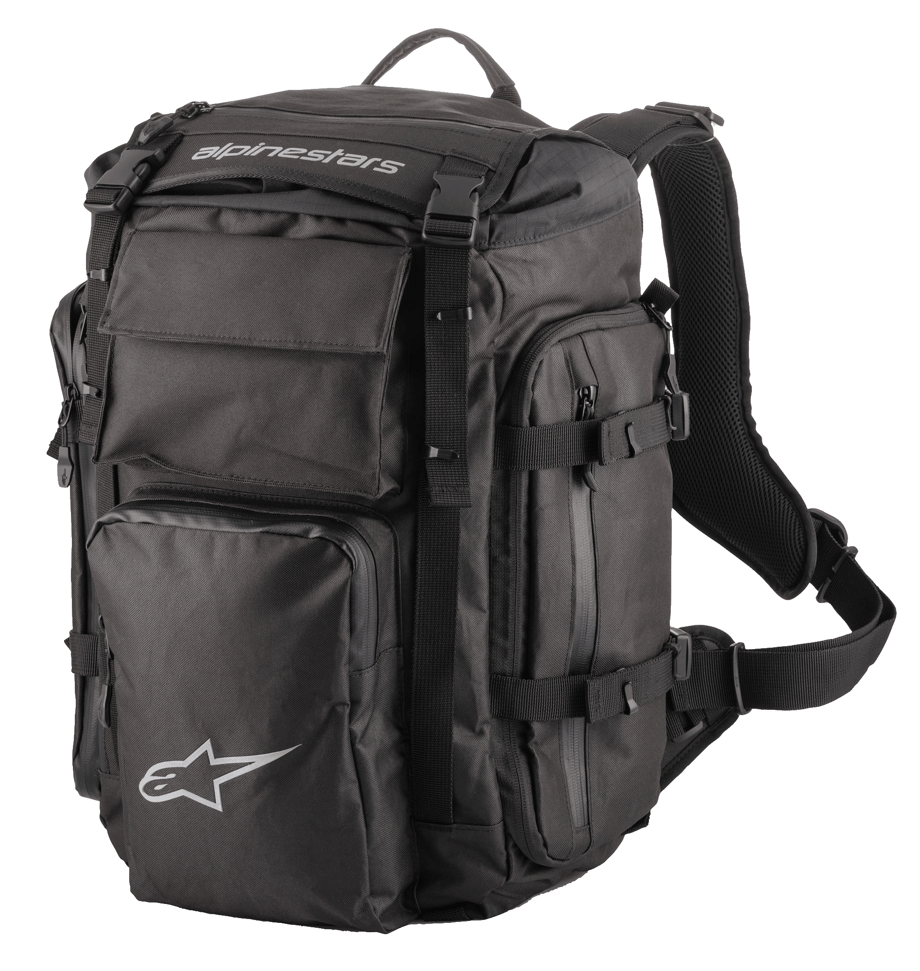 Alpinestars Rover Overland Backpack, czarny plecak motocyklowy Adventure Touring, białe logo Alpinestars, liczne przegrody na zamek z paskami kompresyjnymi, wyściełane szelki z siateczki i ergonomiczna uprząż, wytrzymały materiał tekstylny do dalekich podróży