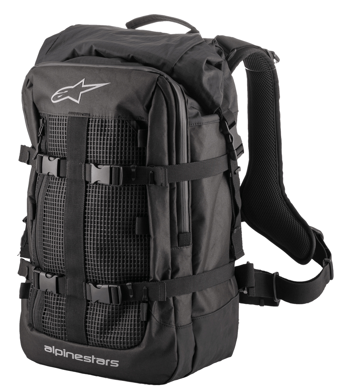 Alpinestars Rover Multi Backpack, czarny plecak turystyczny adventure, siatkowy panel przedni, regulowane paski kompresyjne z klamrami, wyściełane ergonomiczne szelki, wytrzymała konstrukcja tekstylna, do dojazdów motocyklowych i jazdy adventure