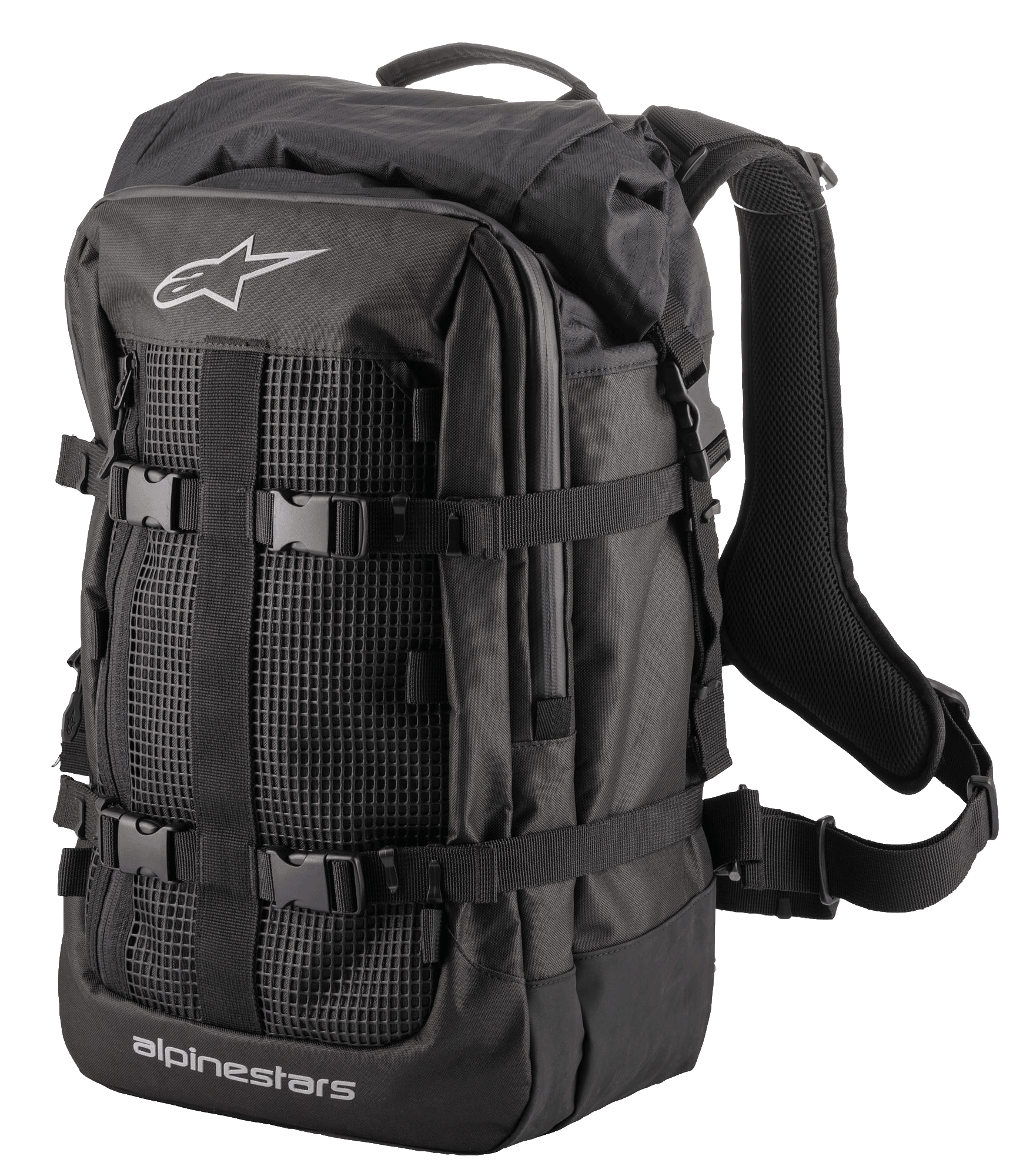 Alpinestars Rover Multi Backpack, czarny plecak turystyczny adventure, siatkowy panel przedni, regulowane paski kompresyjne z klamrami, wyściełane ergonomiczne szelki, wytrzymała konstrukcja tekstylna, do dojazdów motocyklowych i jazdy adventure